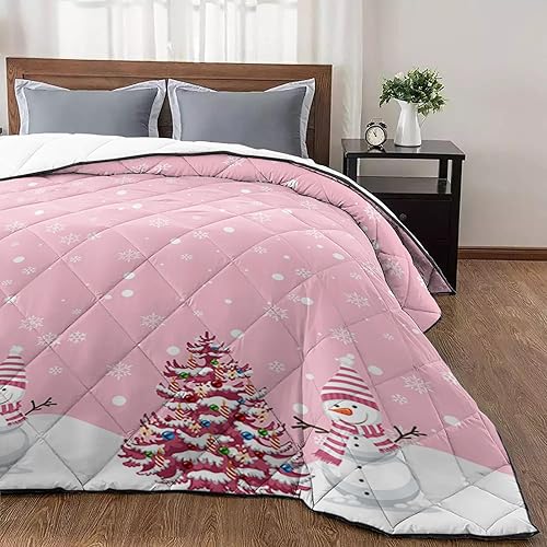 T&H XHome Quilt King Size Luxury Quilted Comforter Bedspread-Thin Soft Cozy, Christmas Snowman Xmas Tree Winter Snowflake Pink Reversible Stitched