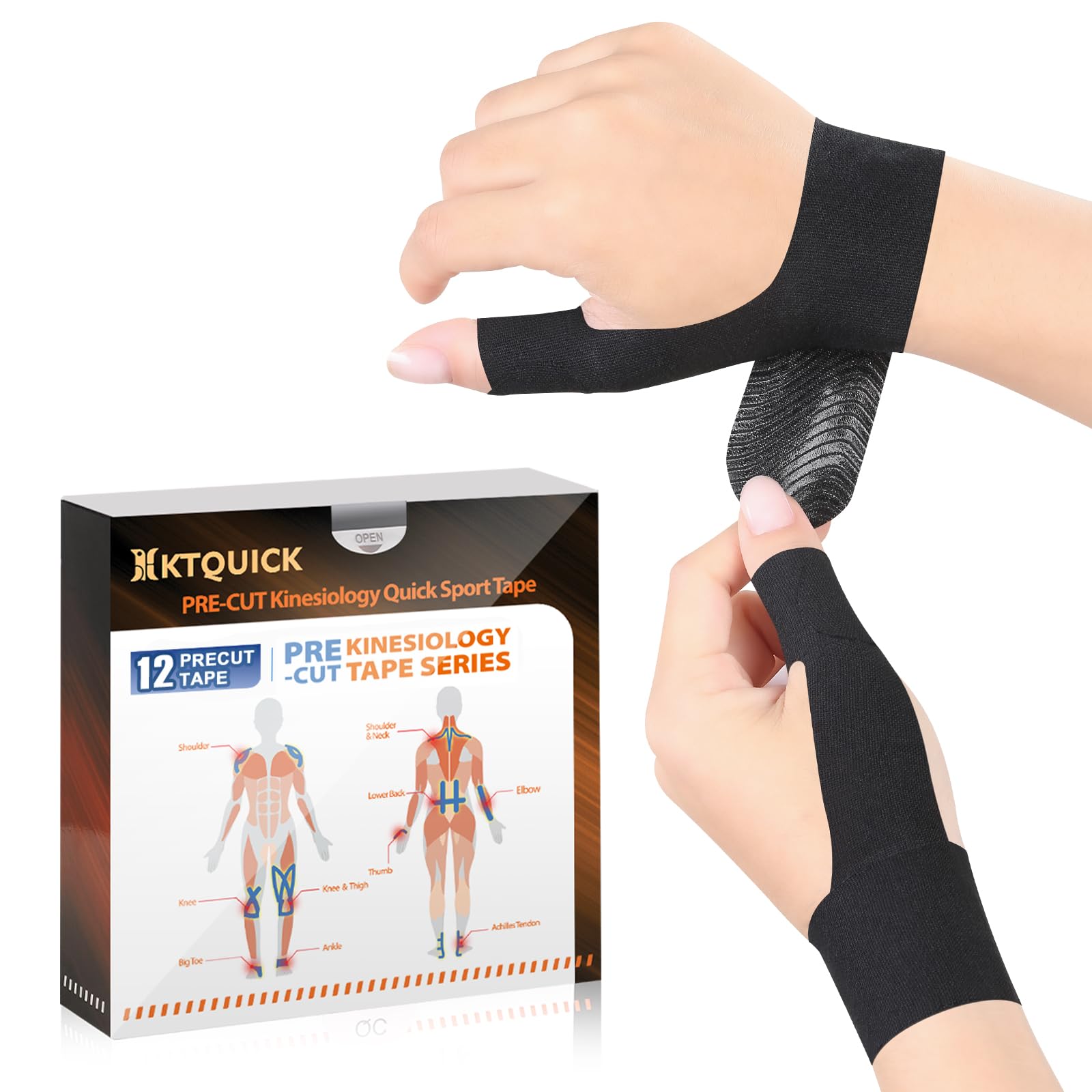 Precut Kinesiology Tape for Finger Valgus–12PCS KTQUICK Pain Relief Athletic Tape, Waterproof &Hypoallergenic Latex-Free, Elastic Breathable Long-Lasting Elbow Support Tape for Right(Black)