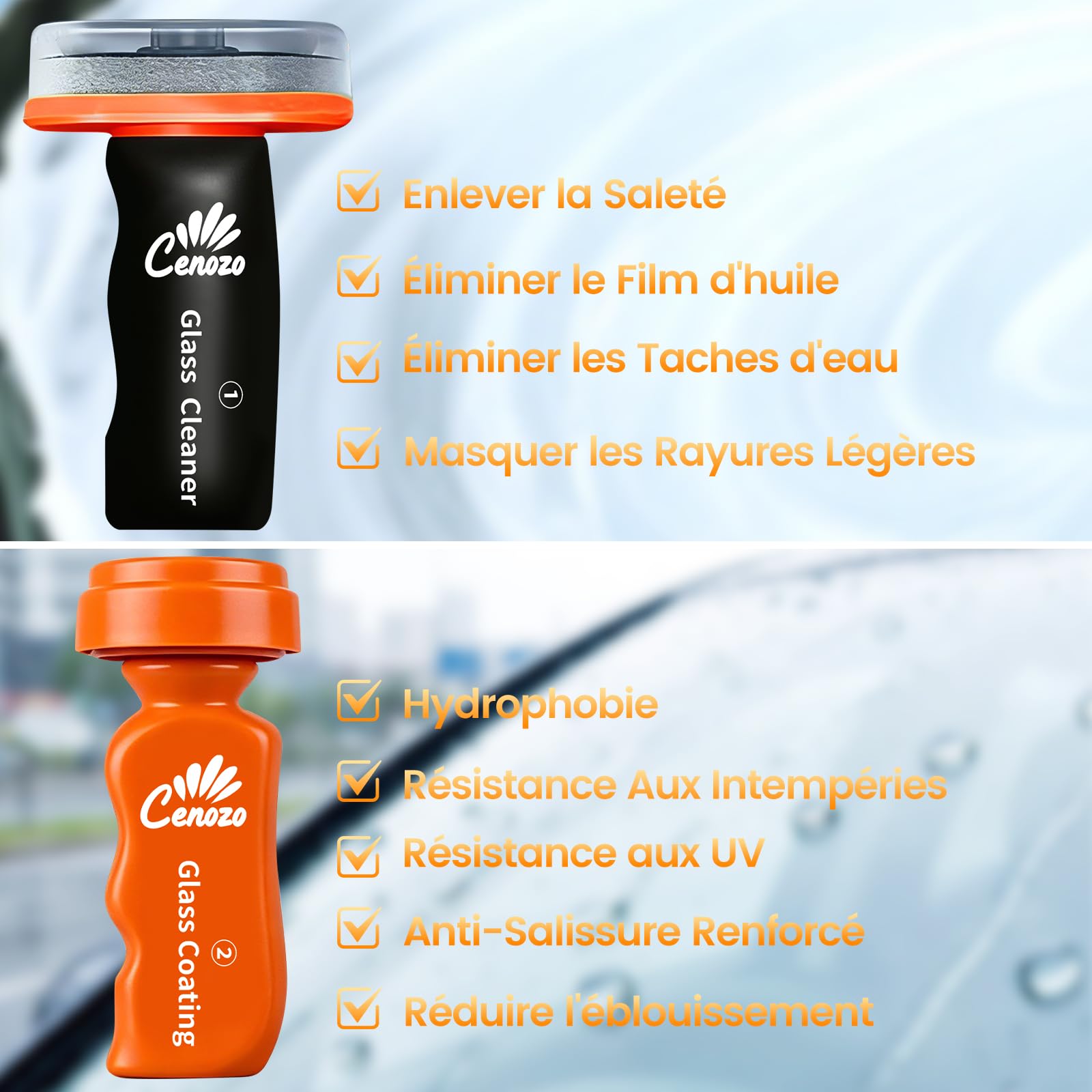2 in 1 Nettoyant Vitre & Anti Pluie pare Brise Voiture Kit,Nettoyant pare Brise Enlever la Saleté des Vitres,Anti Pluie pare Brise L'agent de Revêtement à Effet Rapide Offre un Effet Perlé