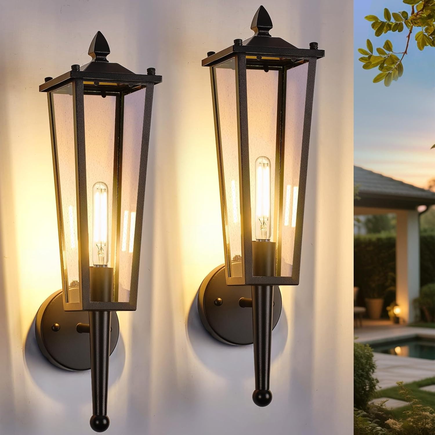 Dusk to Dawn Outdoor Wall Lights 2 Pack, 20" Large Front Porch Lights Outdoor Waterproof with Clear Glass, Black Exterior Mount Sconce Outside Lighting for Garage Porch House, OS-OD2615-1HM-2PK Black 2-Pack