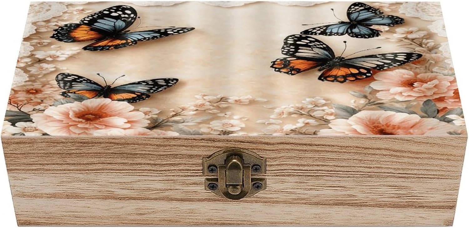 Romantic Lace Butterfly Vintage Wooden Storage Box with Hinged Lid Natural Wood Keepsake Box for Jewelry, Crafts & Gifts Rustic Memory Box Organizer for Home Decor, Rings, Trinkets
