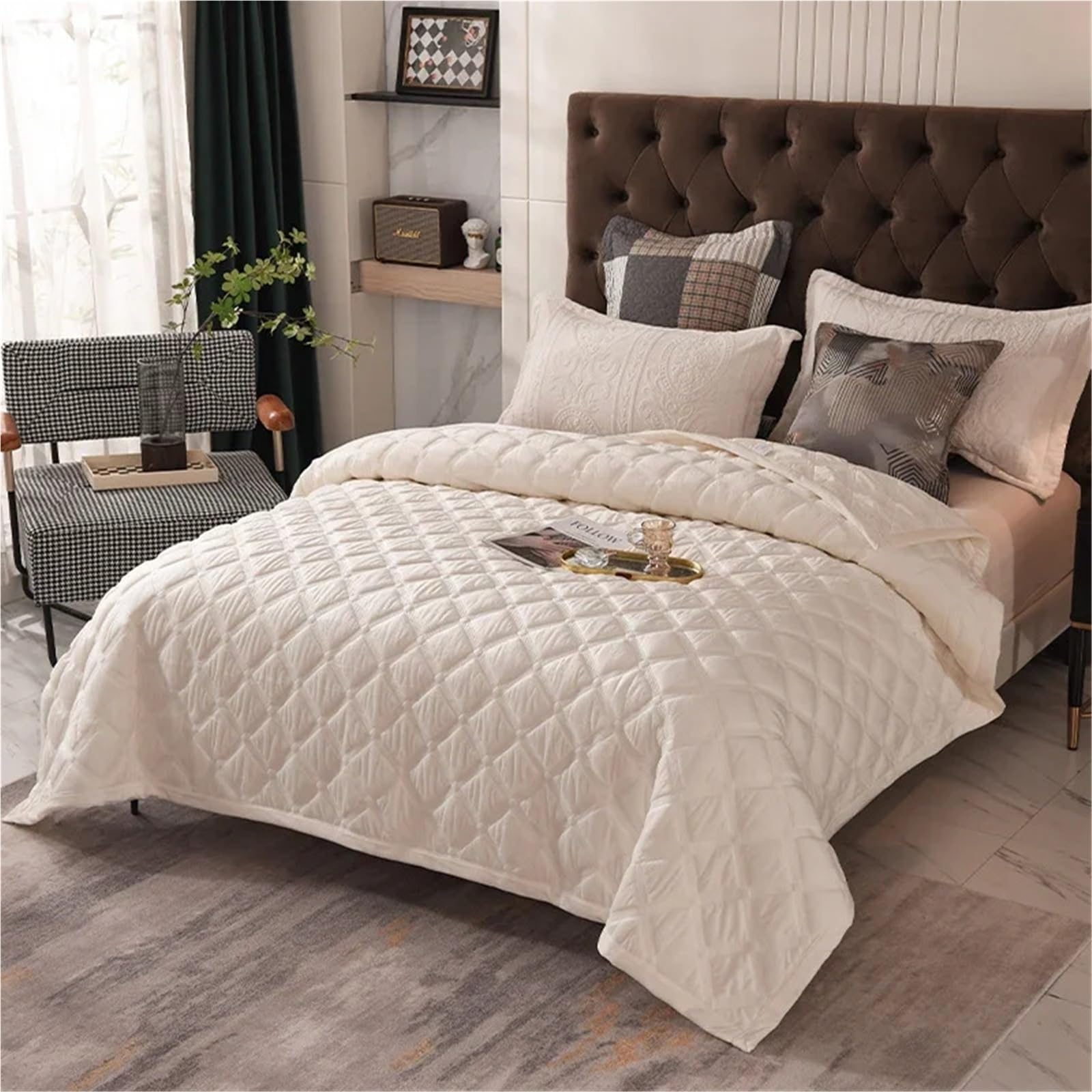 Colchas Acolchadas Colcha gruesa de invierno for cama, manta a cuadros, funda for colchón, colcha, colchas de lino for cama doble Ligera Colcha Cubrecama De Microfibra(DARK GRAY,3pcs 240x260cm)