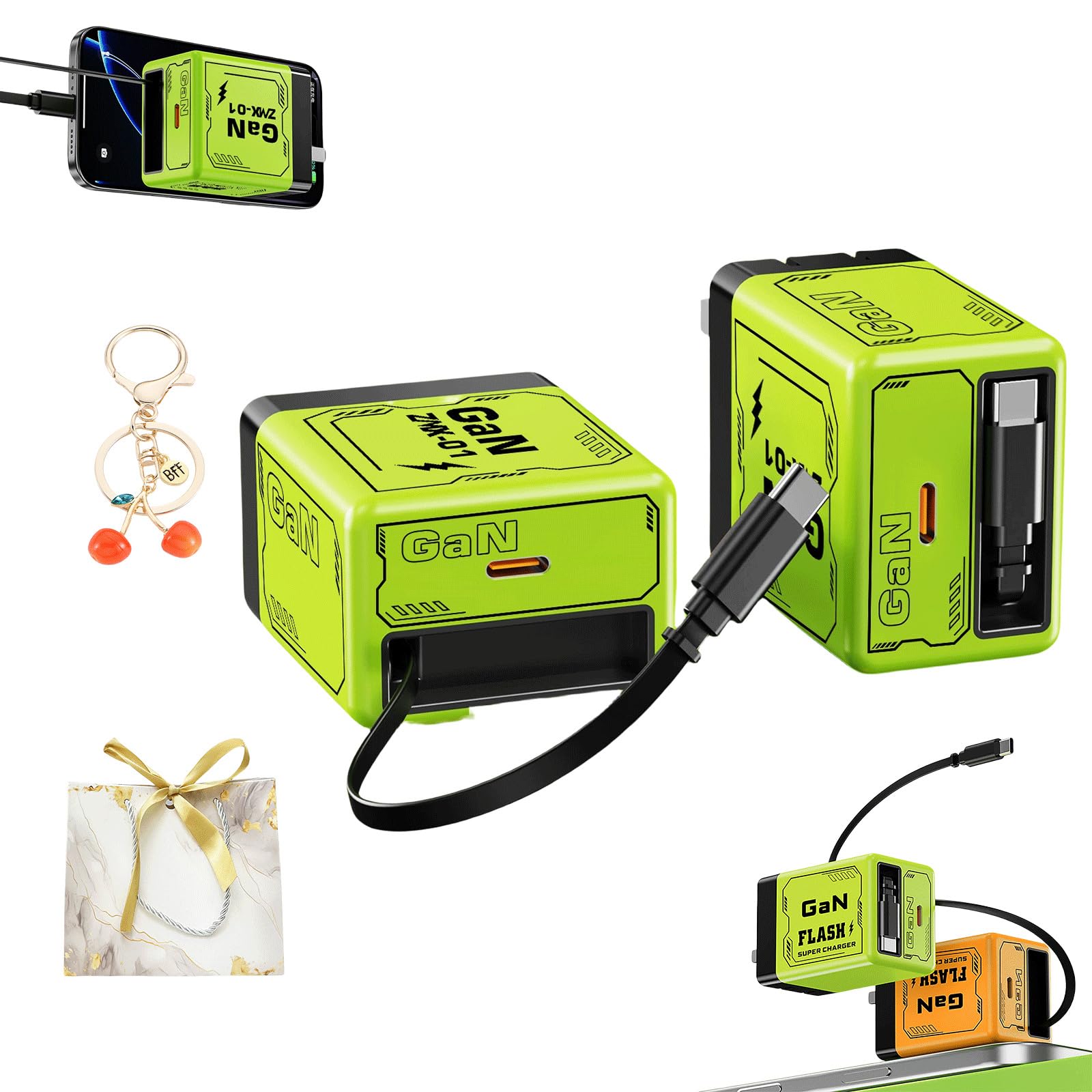 2 in 1 Charger,35w Charger,Retractable Wall Fast Charger Module with Type-C Cable and 1 USB Ports for iPhone, Phone and Laptops (Green)