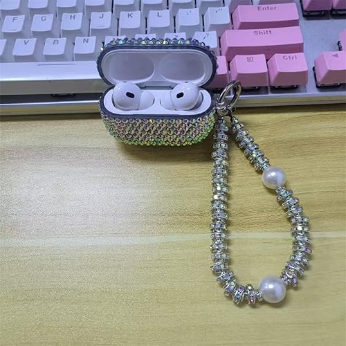 Miniatura 5 de Funda con diseño de diamantes de imitación brillantes con láser para AirPods Pro 2 con pulsera, bonita funda para auriculares con purpurina de