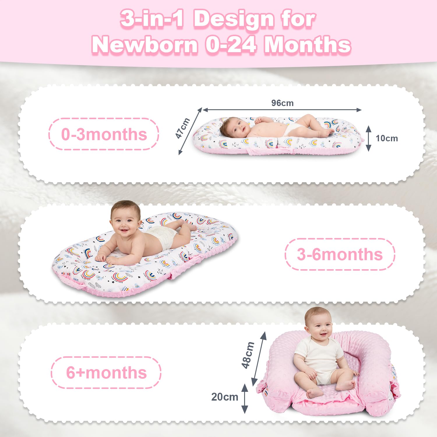 Sdraio 3 in 1 per neonati, portatile da 0 a 24 mesi, cuscino pieghevole e supporto per seggiolino, rivestimento rimovibile in 100% cotone e velluto, double face, ideale come regalo per