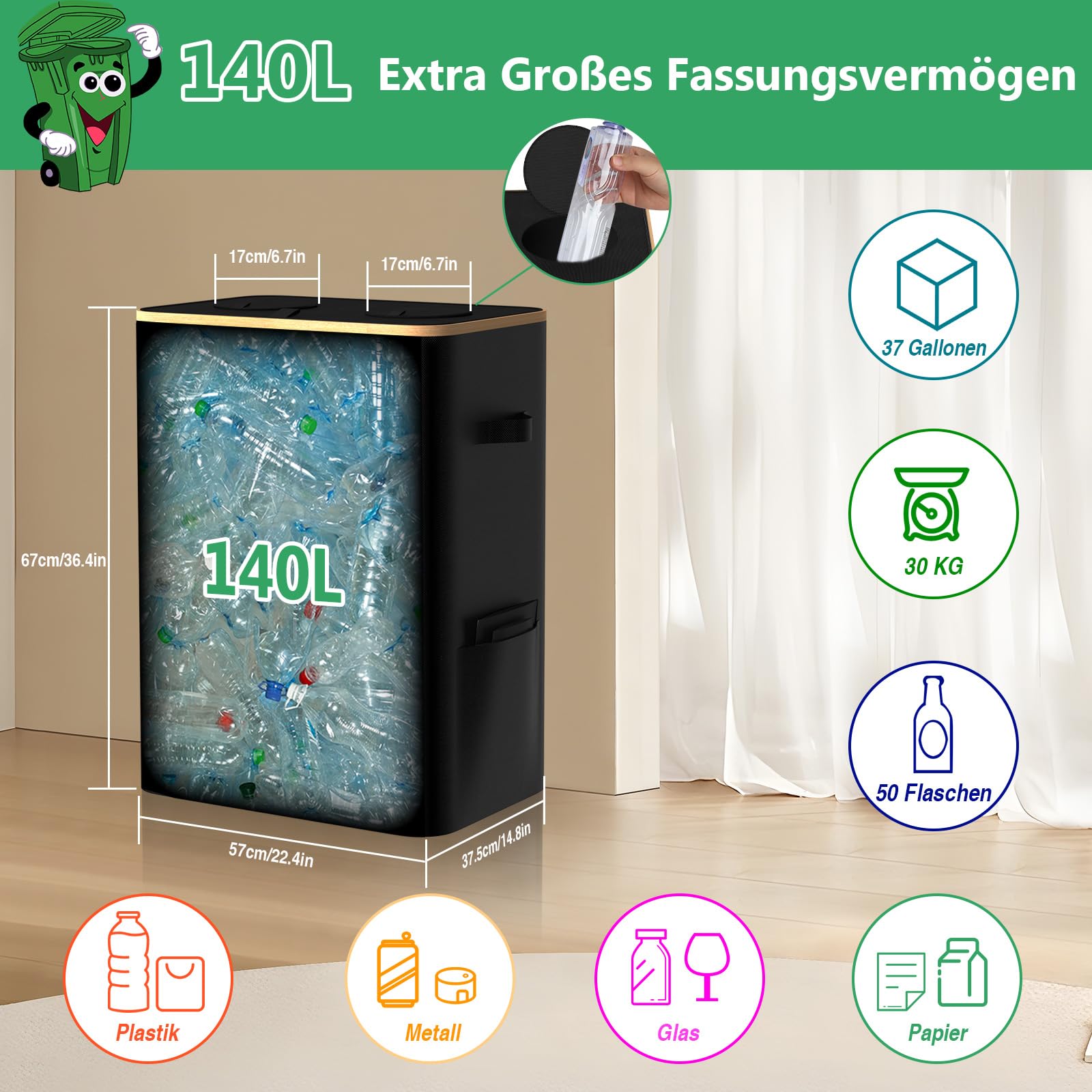 Collecteur de Bouteilles consignées 140L avec 2 Compartiments et Couvercle, Conteneur Pliable XXL avec 4 Sacs de Transport Amovibles, Idéal pour Le Stockage Efficace des Bouteilles vides