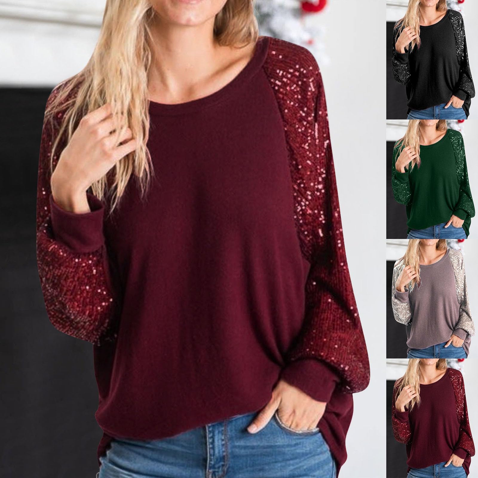 Top con paillettes da donna a maniche lunghe girocollo tinta unita glitter party t-shirt moda felpa casual comoda camicetta festival discoteca moda donna scintillante top taglie forti