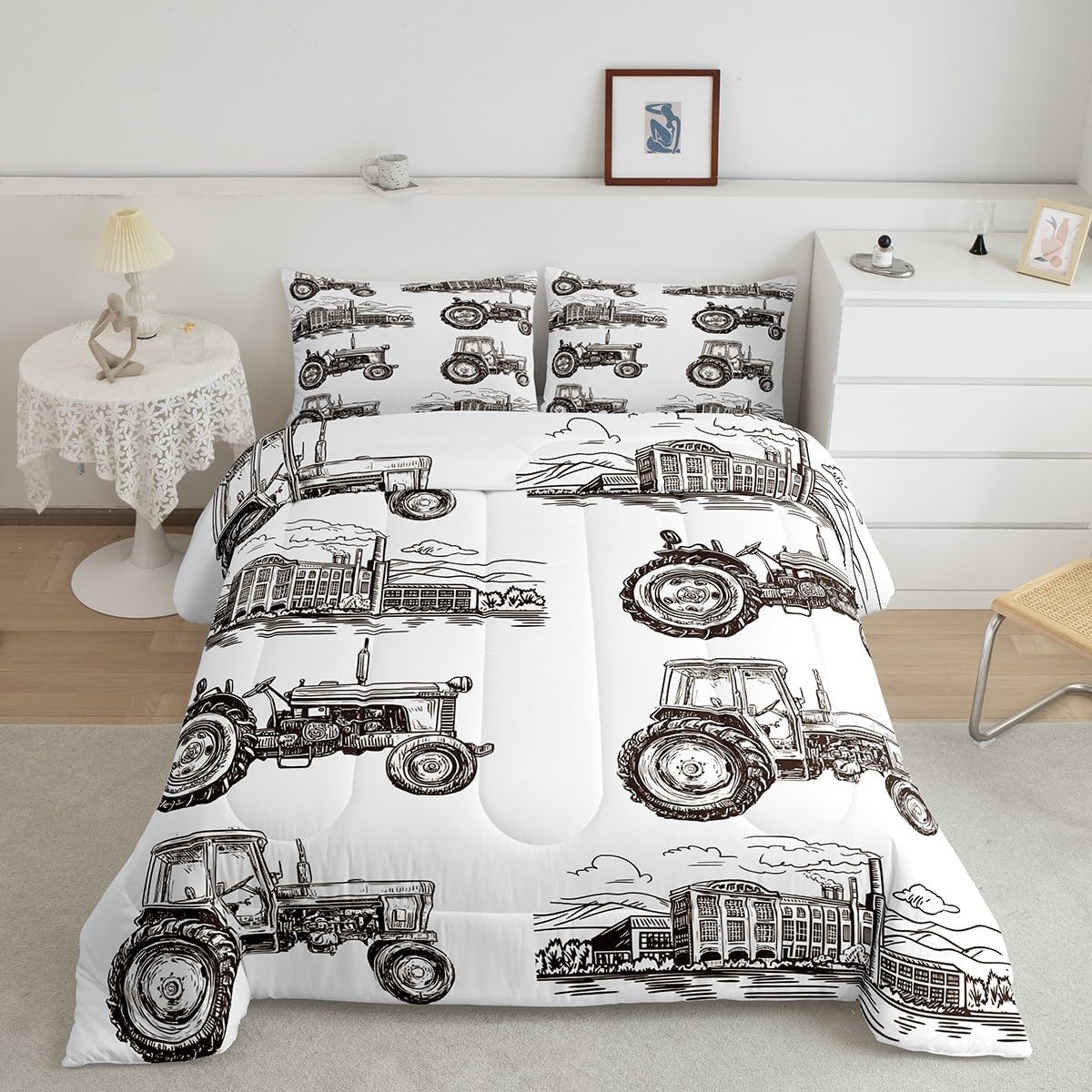 Manfei Truck Kids Comforter Set Full Size, Retro Train Tractor Bedding Set for Boys Girls Adult Bedroom Decor, Vintage Steam Locomotive Down Comforter, Soft Polyester Quilt Set, 2 Pillowcases