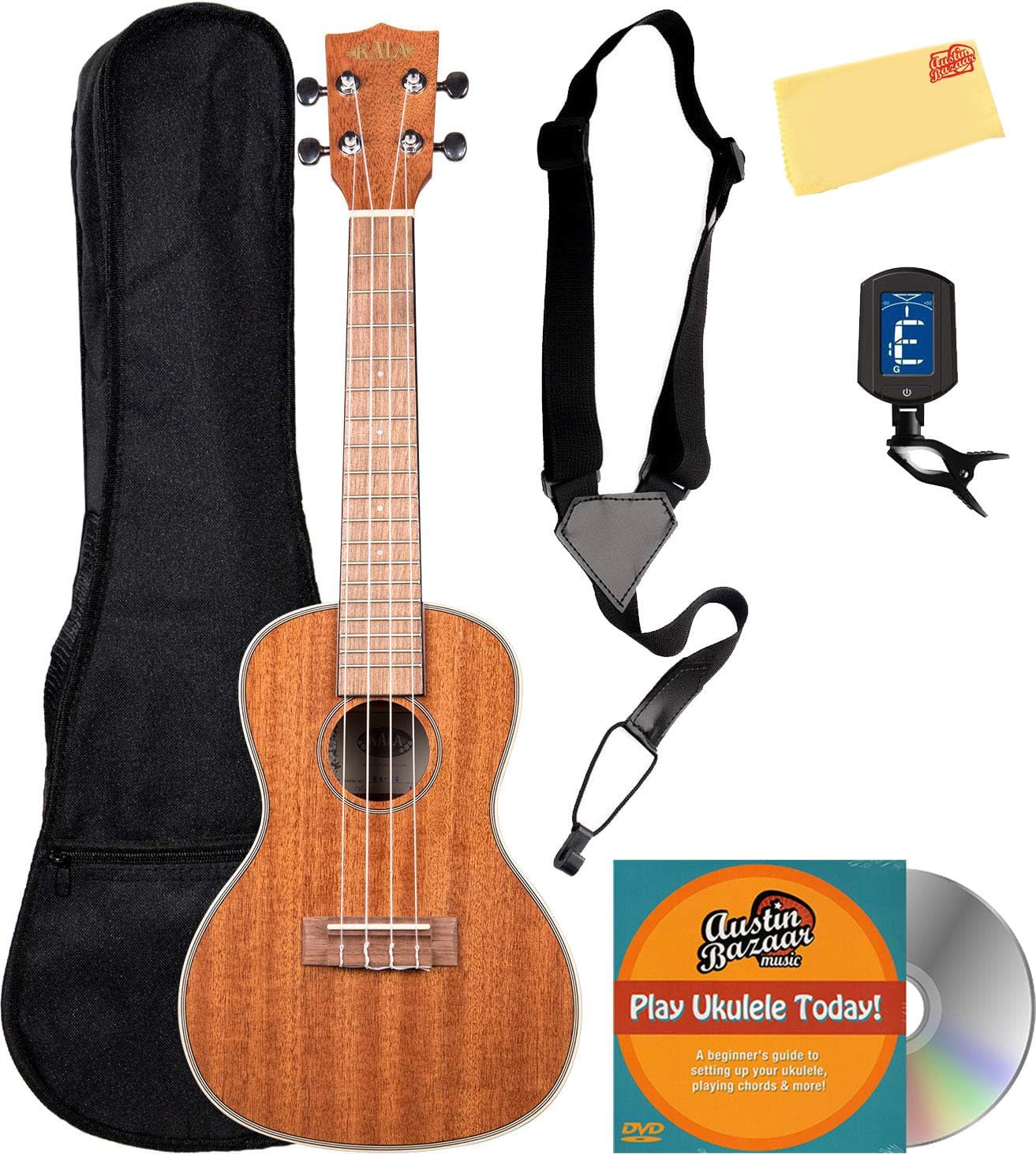 Kala KA-CG Glossed Mahogany Concert Ukulele Bundle with Gig Bag, Tuner, Strap, Instructional DVD, and Austin Bazaar Polishing Cloth