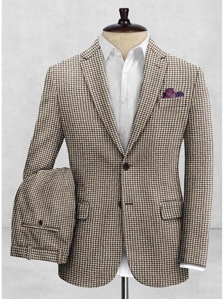 Houndstooth Dogstooth Plaid Slim Fit Notch Lapel Blazer Tuxedo Prom Casual 2 Pieces Suit Jacket & Pants