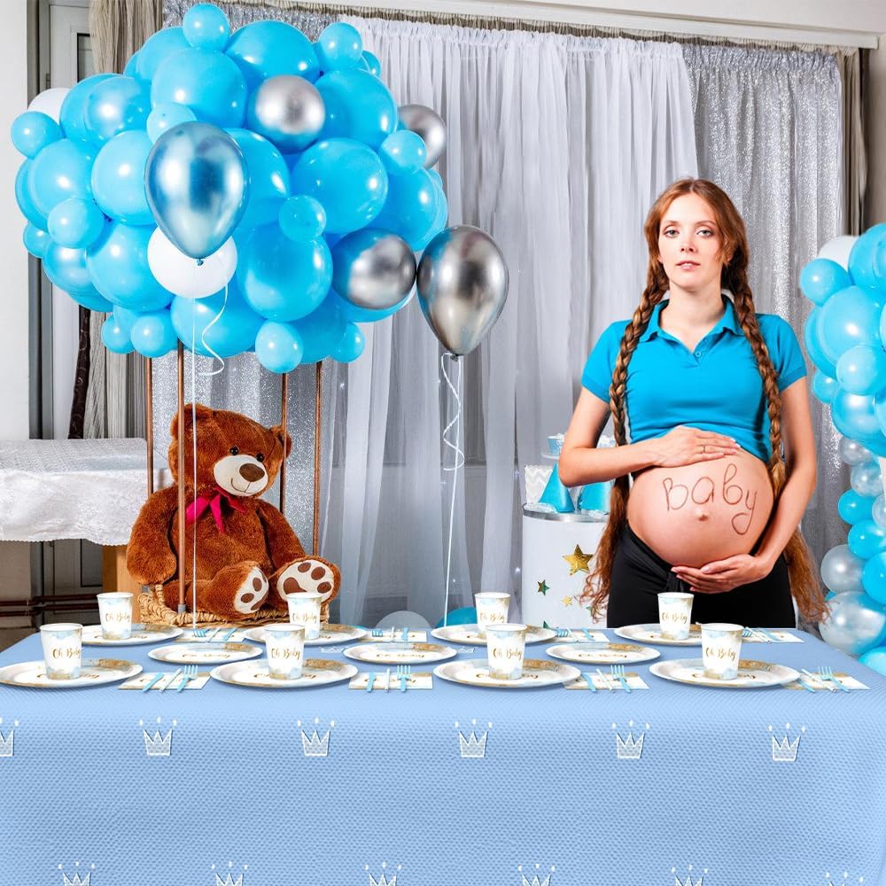 112 PCS Baby Shower Party Decorations Boy Watercolor Pastel Blue Boy Baby Shower Party Supplies Disposable Dinnerware Oh Baby Paper Plates Napkins Cups Serves Serves 16 - Image 4