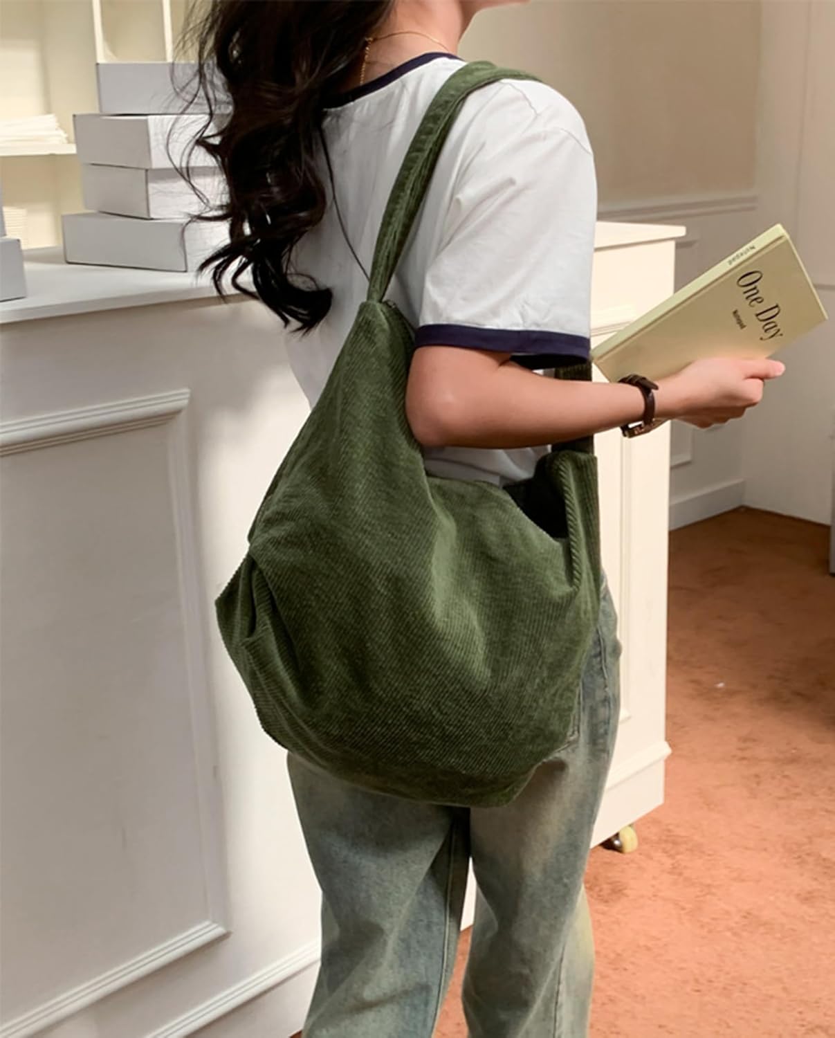 ALUWU Corduroy Tote Bag for Women Girl Canvas Shoulder Handbags Cute Large Purse - Image 2