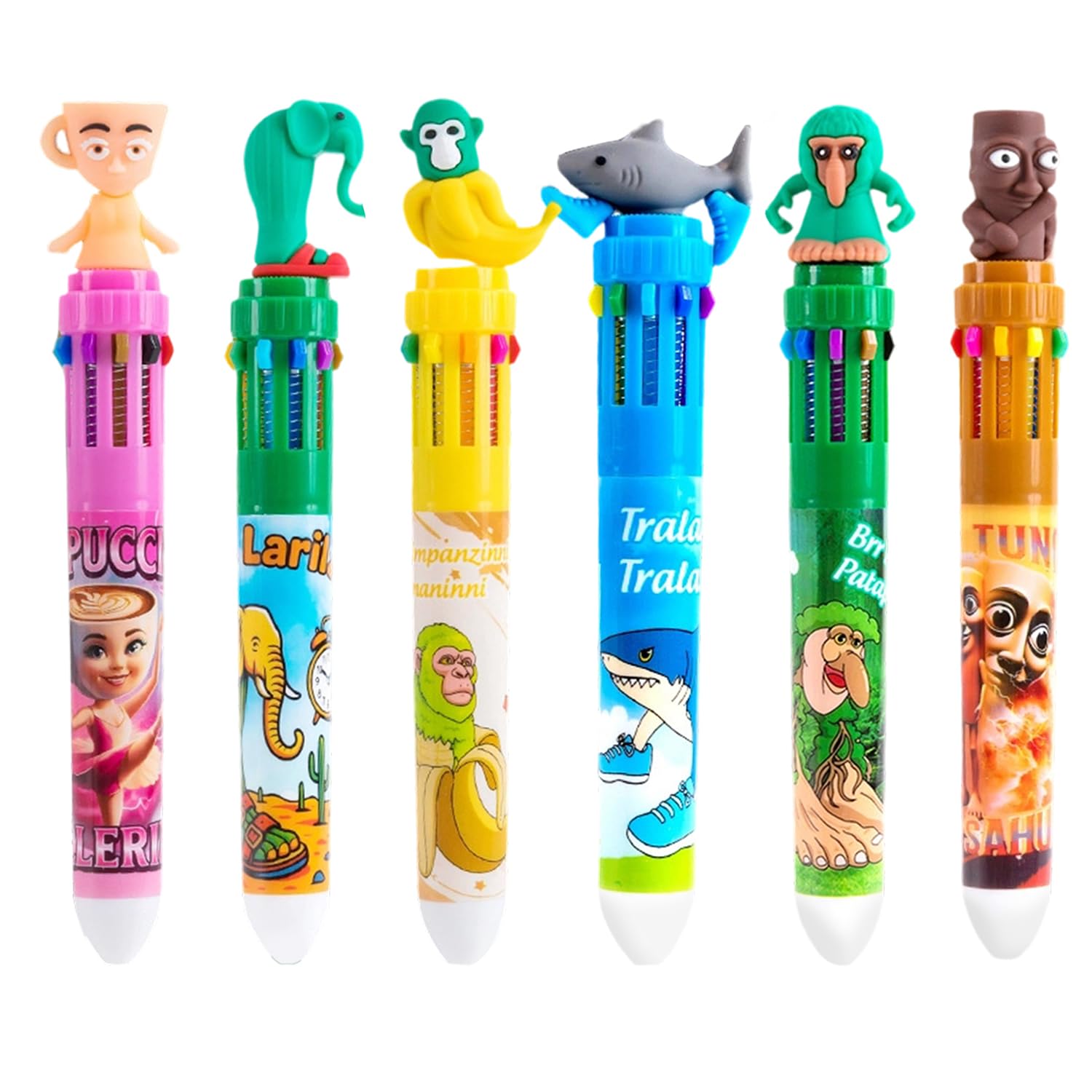 Riveta 6 PCS Italian Brainrot Pens for Kids, 10-in-1 Multi Colour Retractable Ballpoint Pens Set, Tung Tung Tung Sahur Figures, 0.5mm Novelty Pens for Party Bag Fillers and School Class Gifts