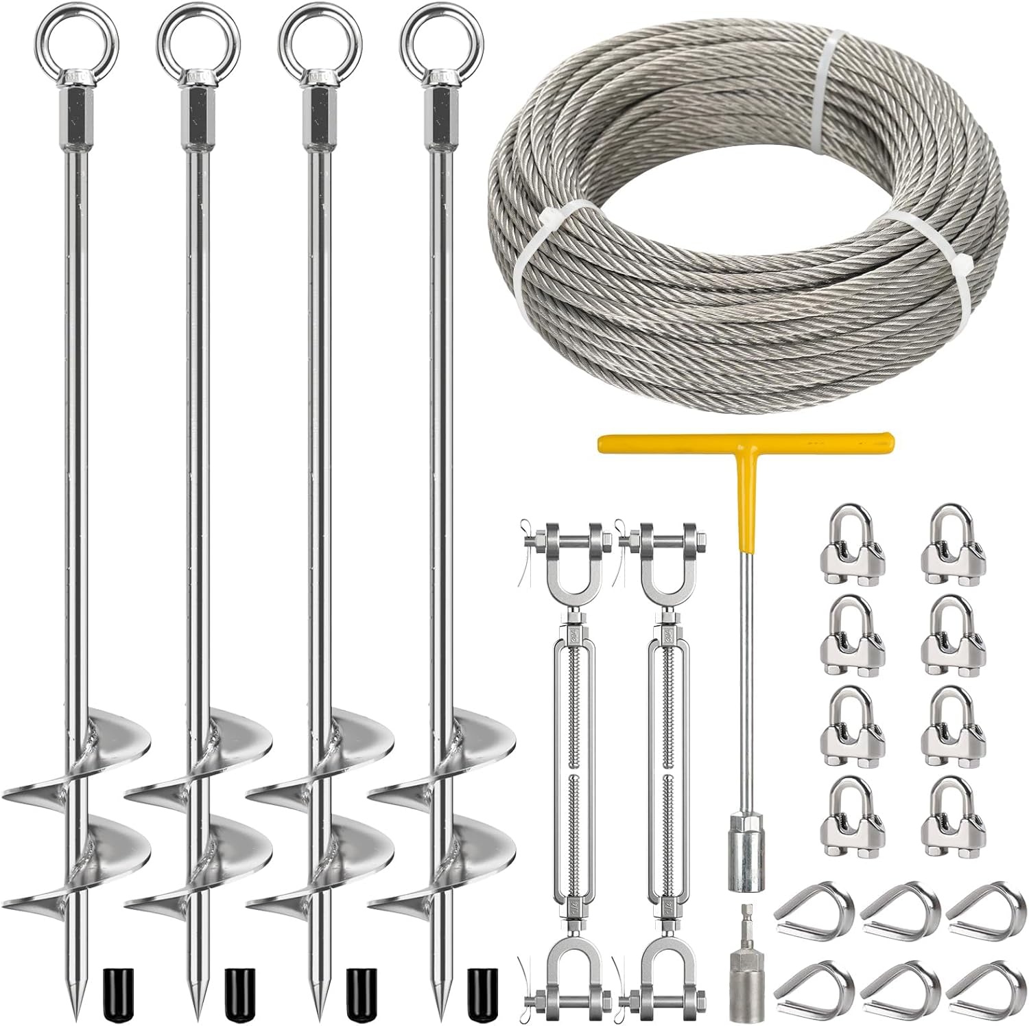 4 Pcs 30" Ground Anchors Heavy Duty with 50ft 1/4" Stainless Steel Cable & 4Pcs Turnbuckle, Fully Welded Ground Anchors Screw in Auger Earth Anchors for Sheds, Mobile Home, Tent, Swing Set