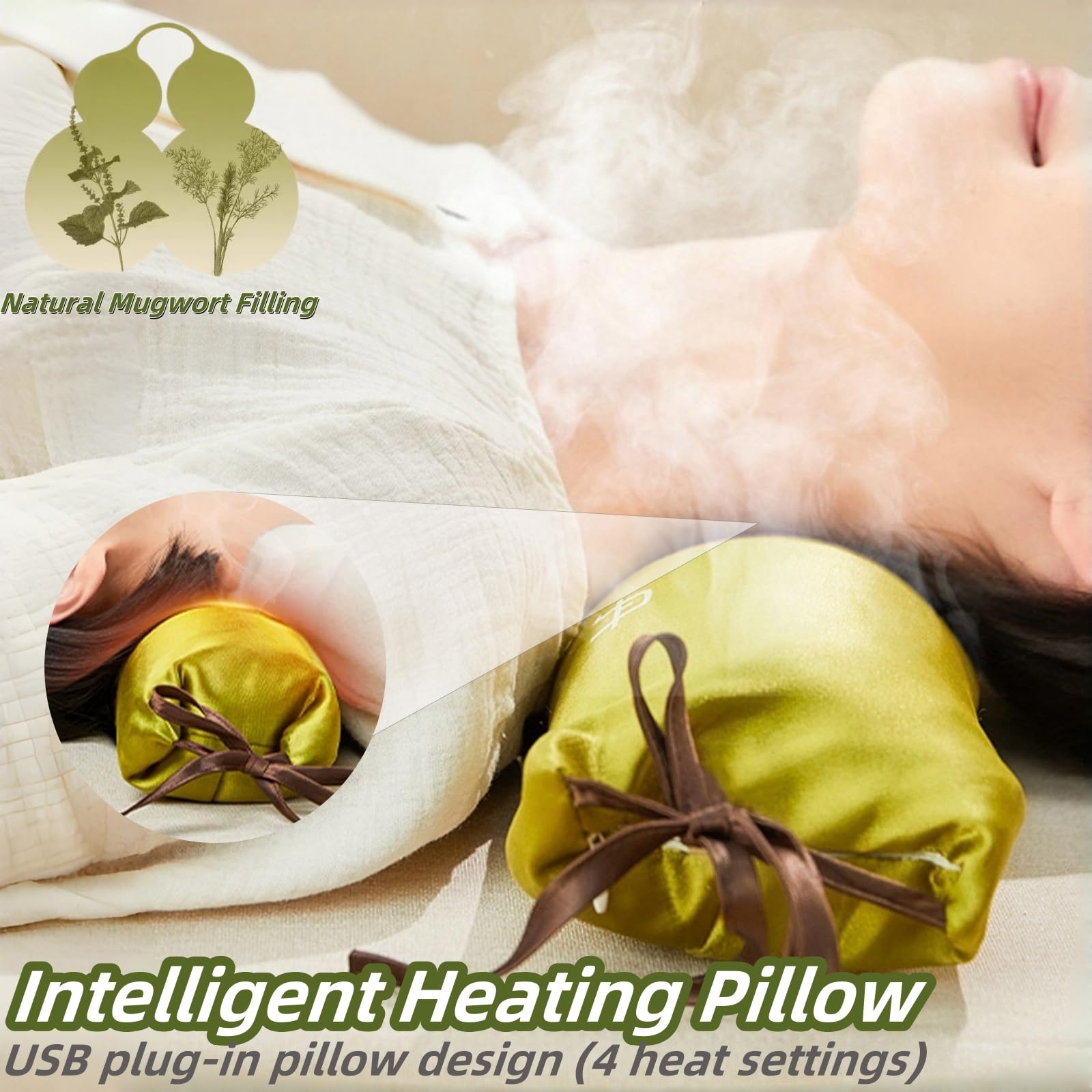 Almohada ergonómica para el cuello con relleno de artemisa natural, calefacción inteligente y compresa caliente USB ajustable para apoyo cervical y comodidad para dormir (normal)