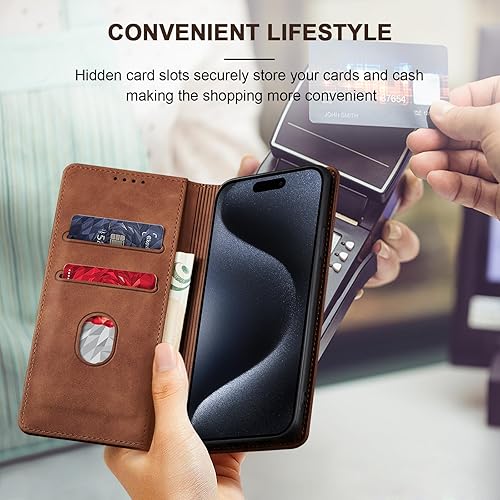 Miniatura 6 de Jasonyu Funda tipo cartera con tapa para iPhone 15 Pro, funda magnética de cuero con tarjetero, función atril, funda protectora duradera de TPU a