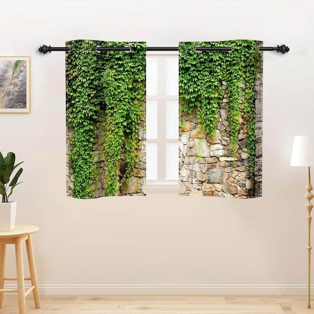 Brick Wall Green Leaves Blackout Curtains Rustic Greenery Plants Stone Wall Ivy Window Treatments Decor for Living Room Bedroom Spring Natural Scenery Window Drape 2 Panel Set,21x45inch