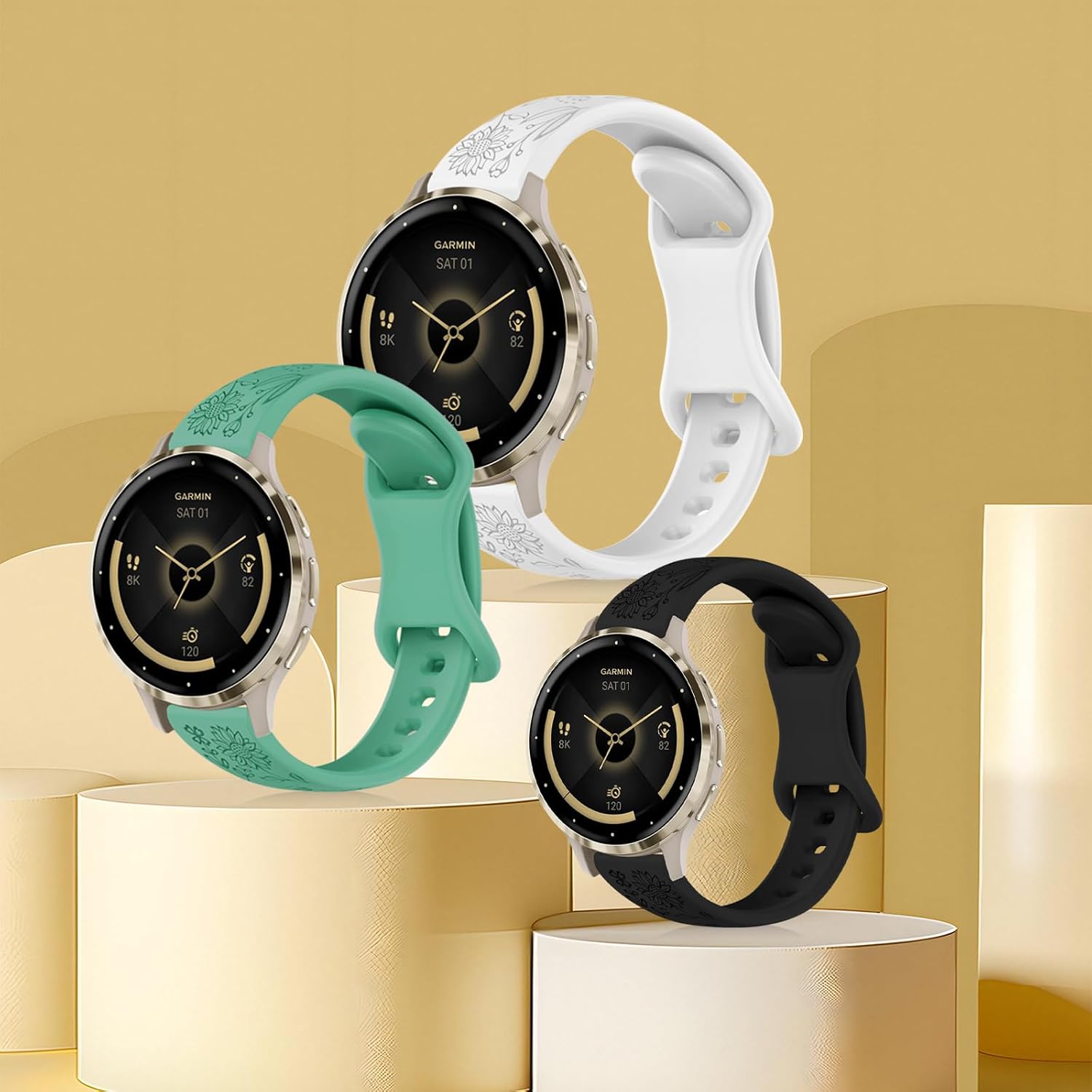 18 mm 20mm 22mm Floral Engraved Bands Compatible with Garmin Vivoactive 6/5/4/3/Venu 4/3/2/Venu 3S/Venu 2S, Soft Silicone Flower Pattern Watch Band for Garmin Forerunner 165/245/255/265/265S image 4