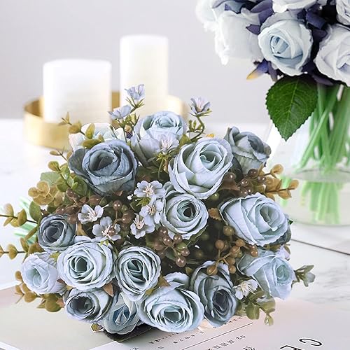 Miniatura 3 de YIRSEDI Flores artificiales de seda, 3 paquetes de rosas falsas, ramo de rosas sintéticas clásicas, arreglos florales, decoración para mesa de boda,