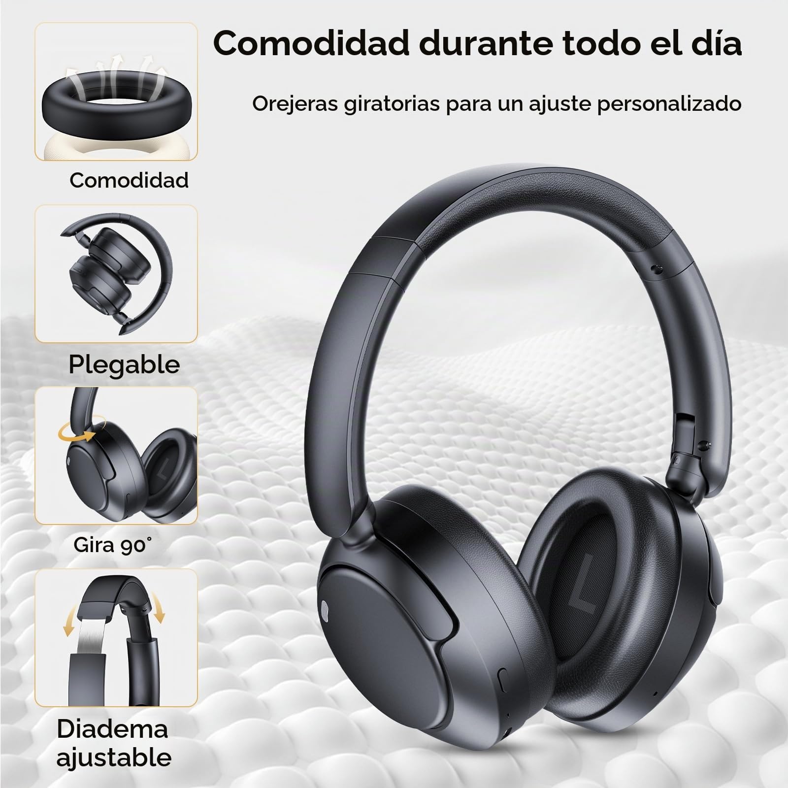 Auriculares Inalámbricos Bluetooth 5.4, Asistente Vocal,3 EQ Modos, Ruido Activa Híbrida, Auriculares Inalámbricos Diadema Estéreo HiFi con Micrófono,120 horas de reproducción con iOS y Android,Negro