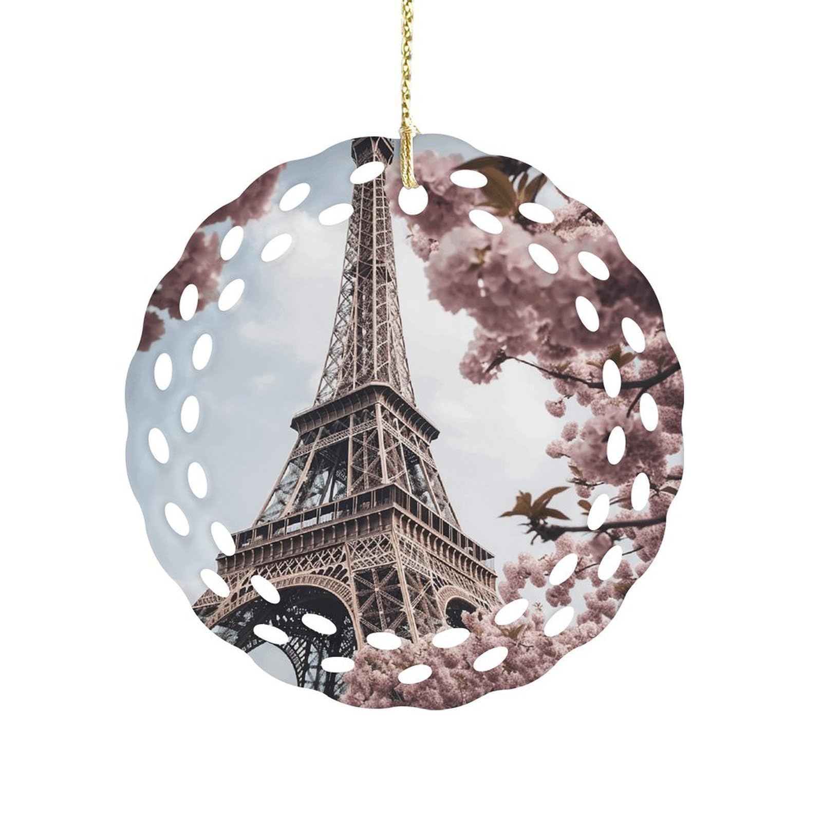 Fodpand Women's Style Eiffel Tower Blossoms Ceramic Ornament For Home Decor 3.2" Round Tree Decoration Christmas Ornaments For Men Double-Sided Design