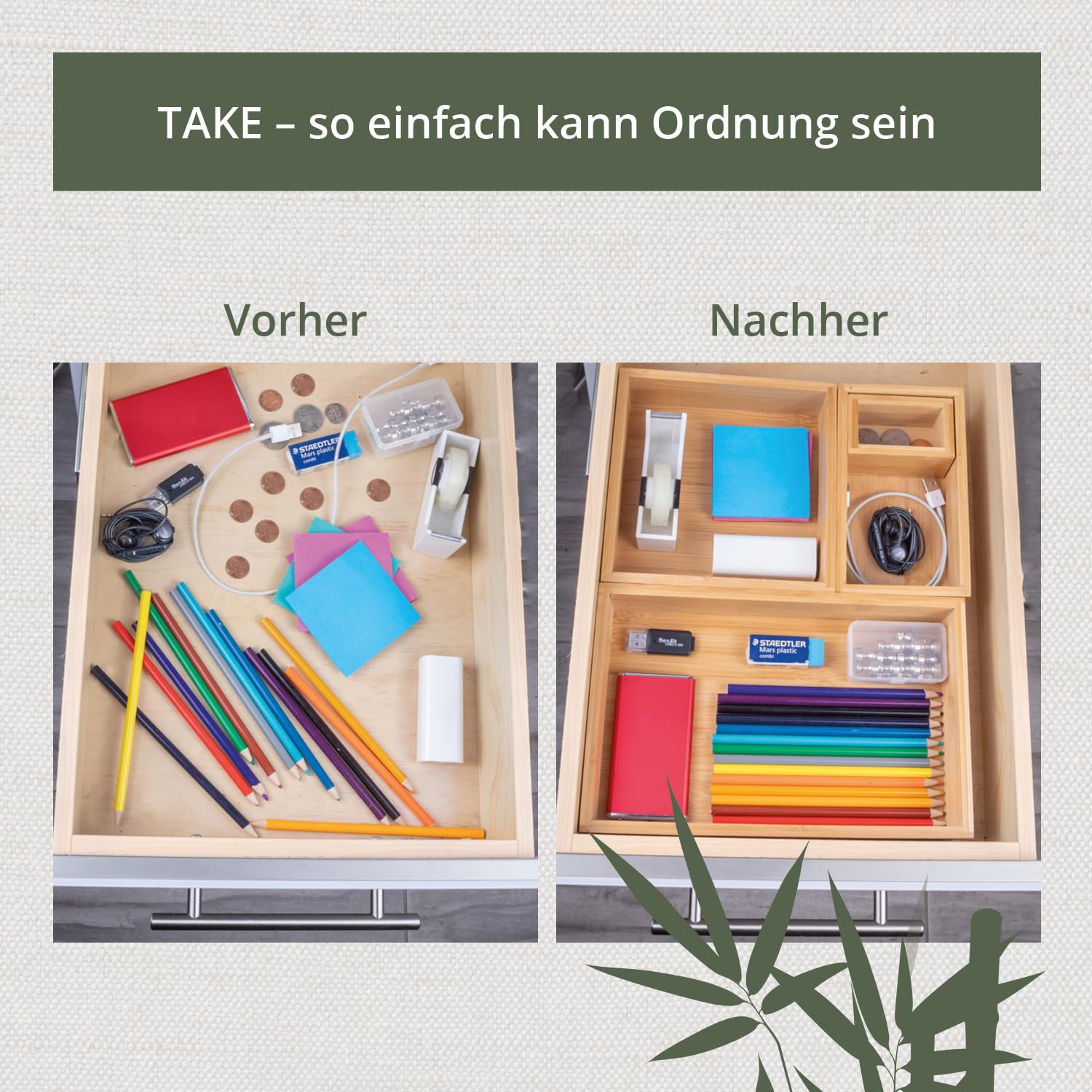 TAKE® 6-częściowy organizer do szuflad, wykonany w 100% z naturalnego bambusa (biały) – organizer do szuflad, pudełka w różnych rozmiarach, do kuchni, łazienki i biura, organizer do szuflad, toaletki