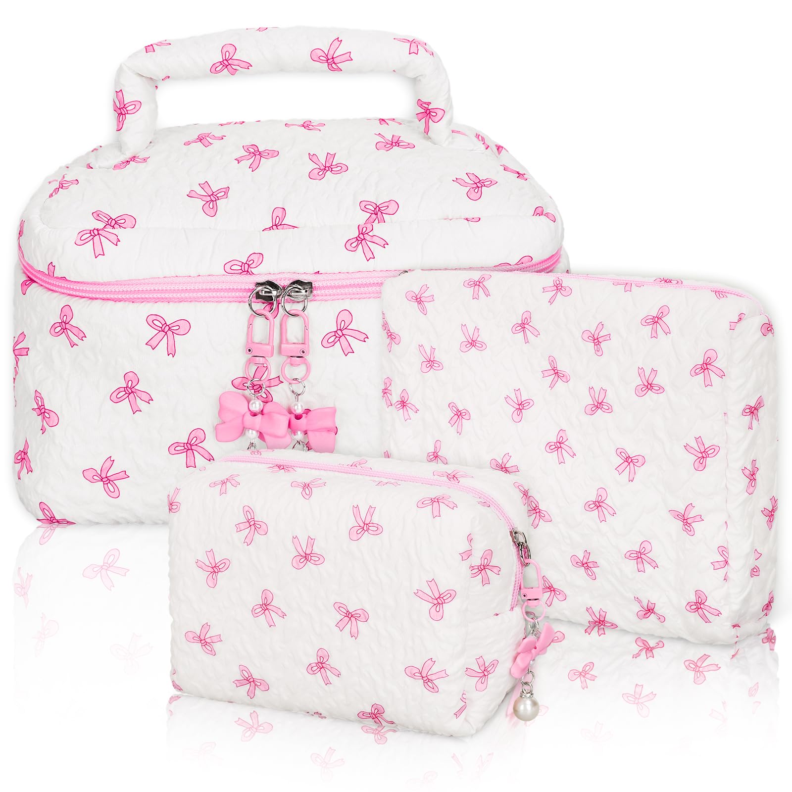 FYSUIMU 3 Pack Pink Bow Makeup Bag Cute Coquette Bowknot Cosmetic Bag Aesthetic Organizer Toiletry Bag with Zipper for Women Party Favor Supplies