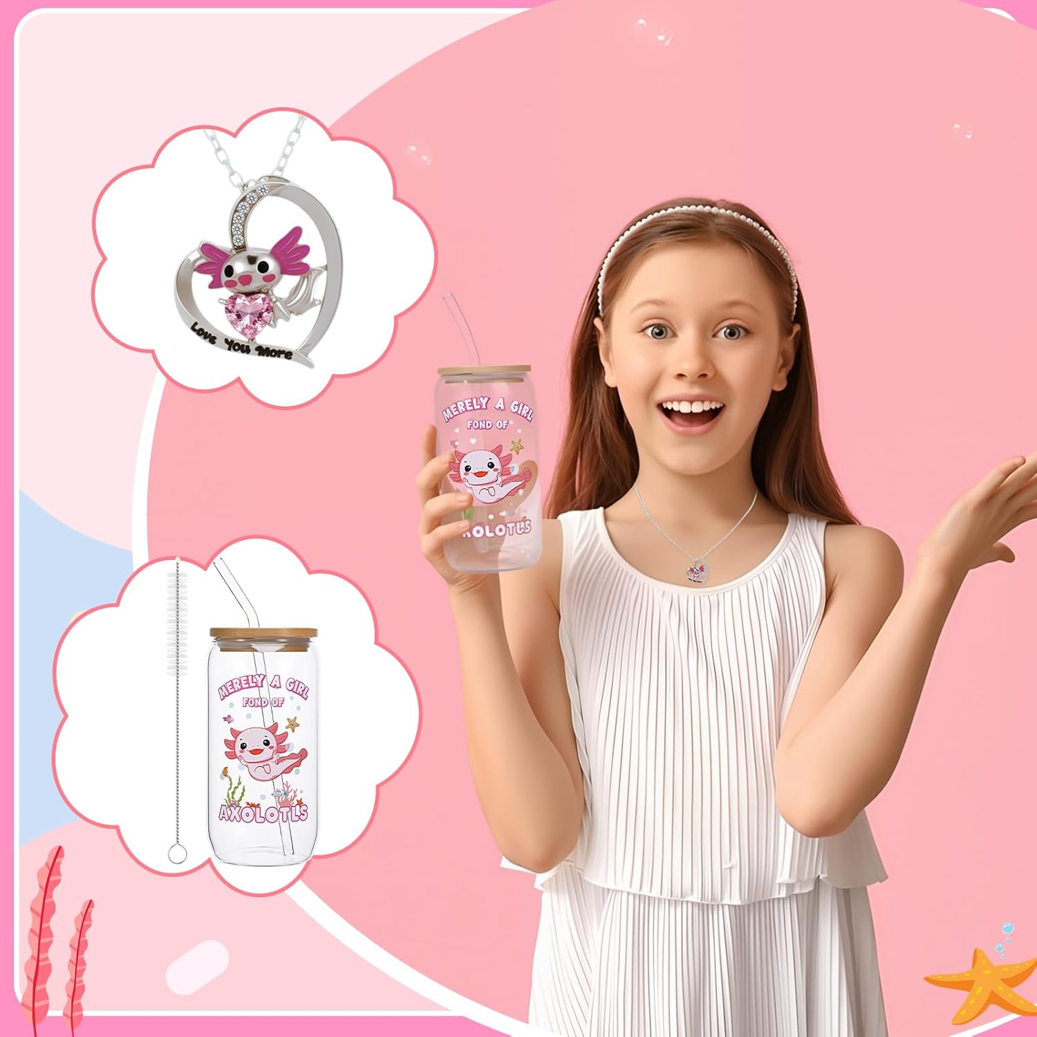 Axolotl Gifts for Girls Kids Cute Axolotl Plush Toys with Flannel Blanket, Glass Tumbler, Purse, Stuffed Doll, Necklace, Stickers and More Axolotls Stuff for Kids Birthday