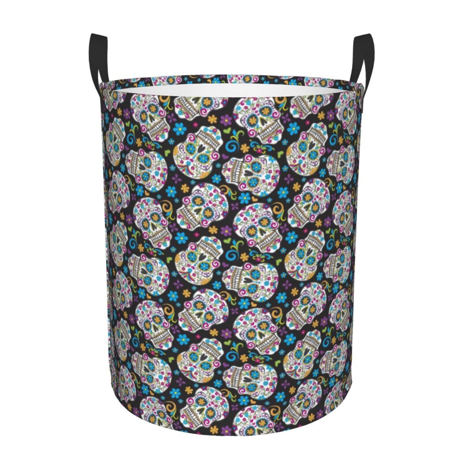 Sugar Skulls Art Laundry Basket Waterproof Collapsible Round Laundry Hamper Toys Clothes Organizer Gift Basket For Room Medium