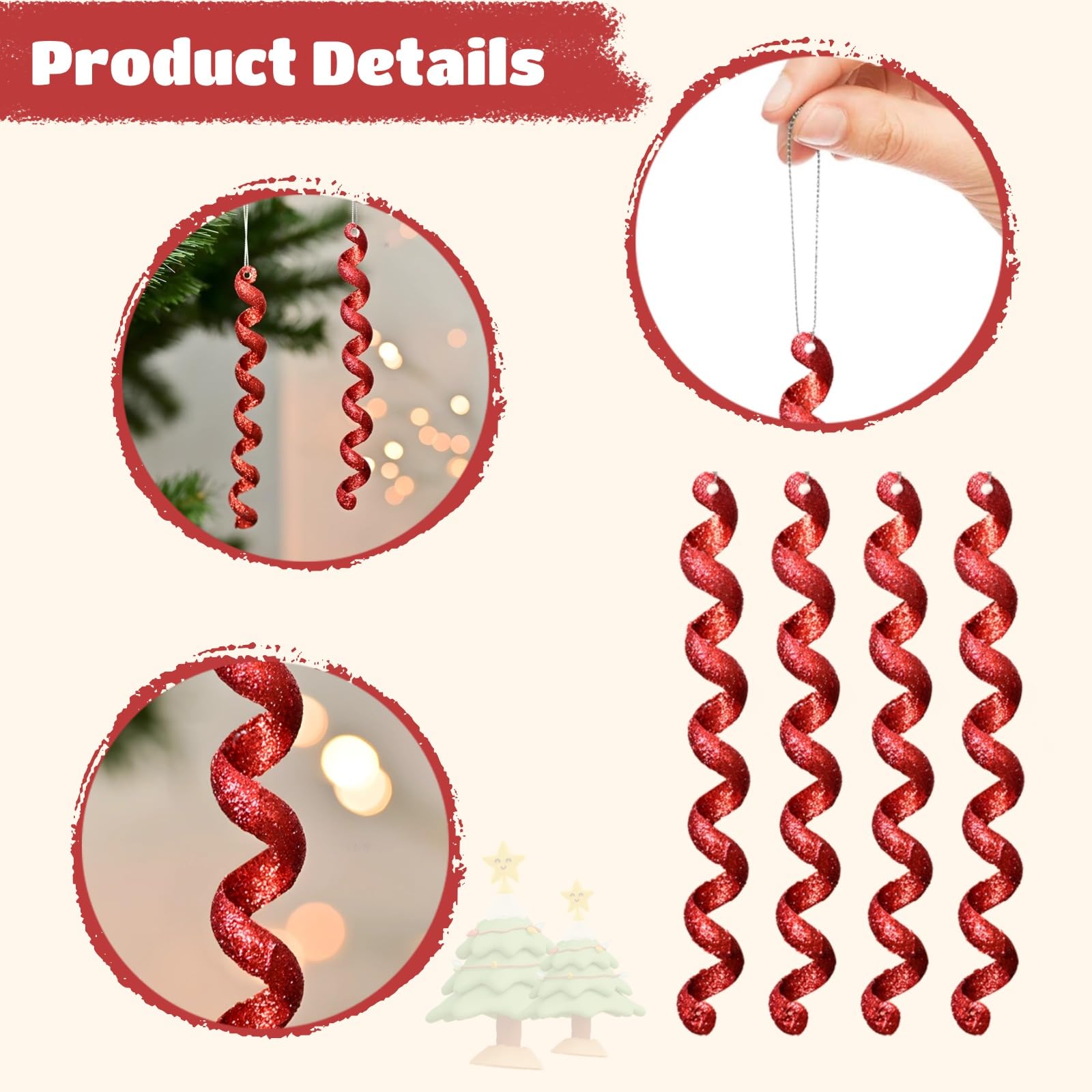 20 Stück Weihnachtsbaum-Anhänger, rote Spiralornamente aus Glitzer-Acryl, gedrehte Eiszapfen 20 x 2,5 cm mit Aufhängeseil, Weihnachtsdekoration für Zuhause, Feiern und Partys