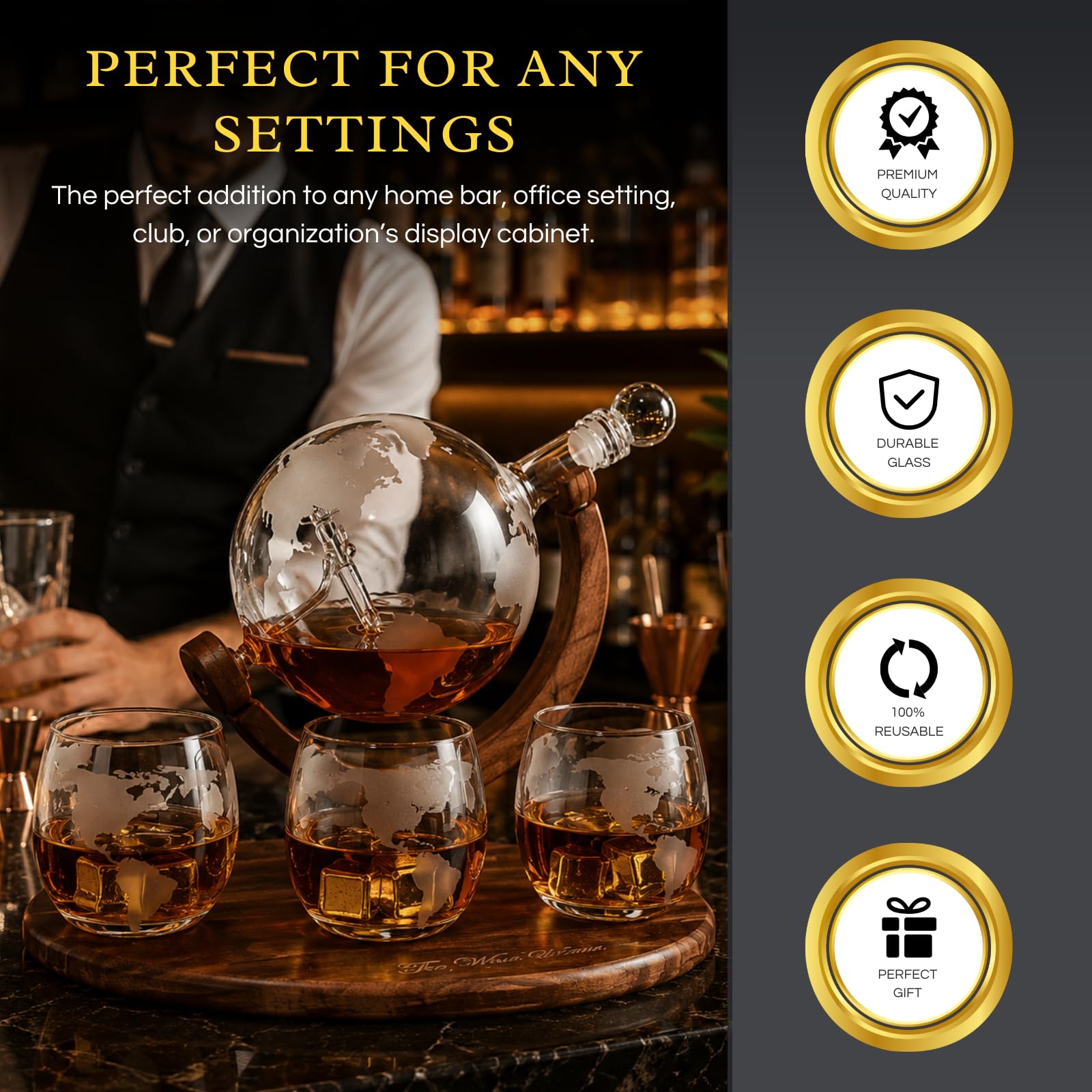 Carafe à décanter du monde gravée – Coffret cadeau à whisky The Wine Savant avec avion antique, pierres à whisky et 4 verres carte du monde, cadeau pilote – Cadeau lié à l'alcool, décoration de bar à