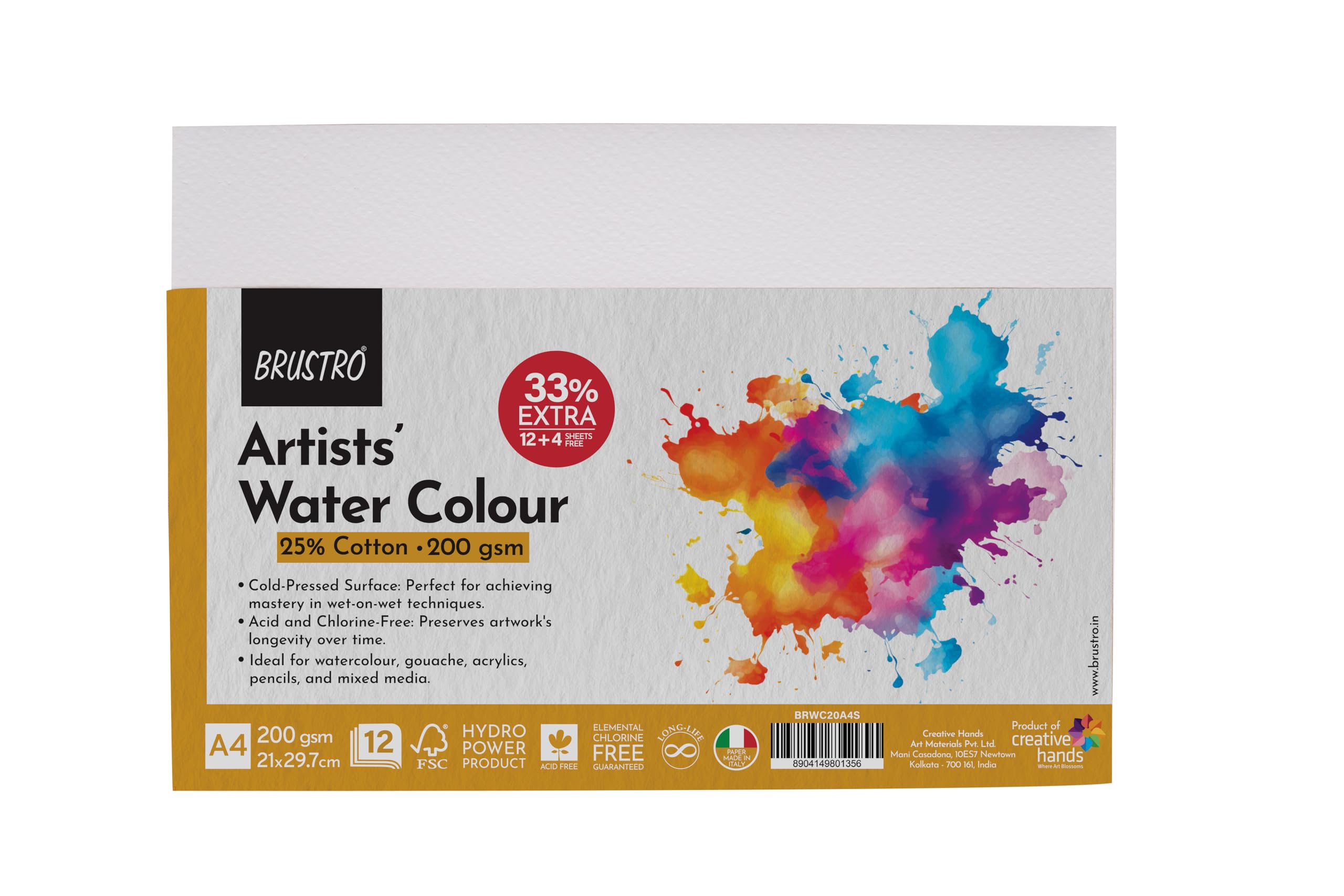 Brustro Künstler-Aquarellpapier, A4, 200 g/m², 25% Baumwolle, kaltgepresst, 32 Blatt