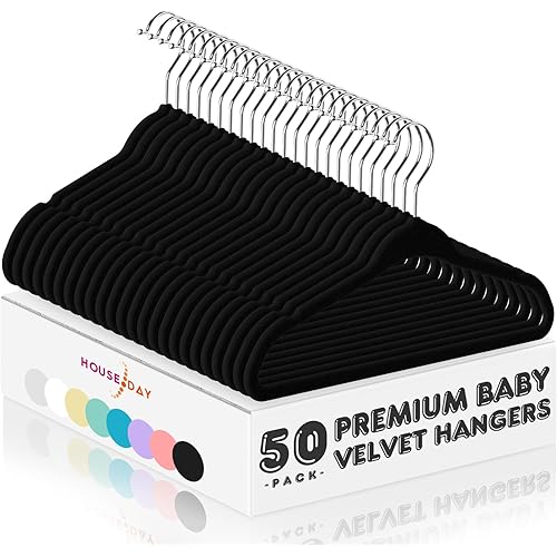 HOUSE DAY Velvet Baby Hangers 50 Pack, Premium Children's Hangers for Baby, Infant & Toddler Clothes, Durable Non Slip Baby Felt Hangers Black, 11 Inch Baby hangers for Closet, Ideal for Everyday Use
