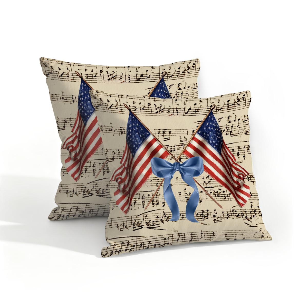 Outdoor Pillow Covers Waterproof Pillowcases 16x16in Set of 2 Patriotic USA Flag Bow On Music Notes Decorative Throw Cushion Case for Couch Sofa Garden Patio Furniture
