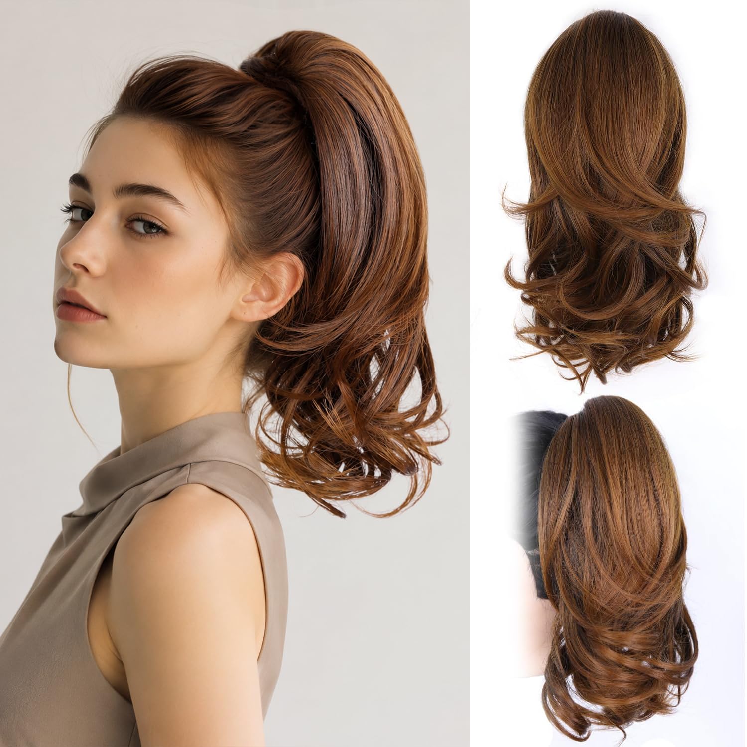 Photo 1 of ZQIAN BEAUTY Claw Clip Ponytail Extension - 14 Inch Curly Ponytail Extension, Wavy Pony Tails Hair Extensions, Synthetic Hair Extensions Ponytail, Clip On Ponytails for Women (Color: Copper Brown)