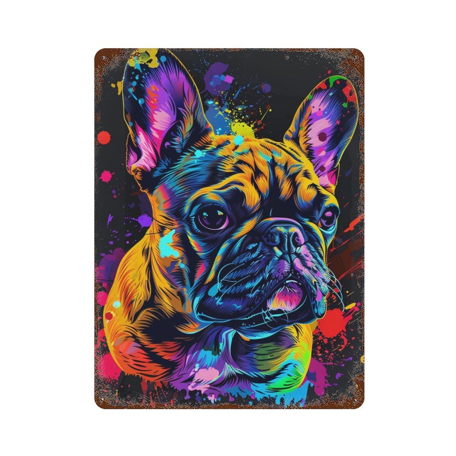 Colorful French Bulldog Art Print-4 15.7"x11.8" Weathered Tin Sign, Shabby Chic Decor for Farmhouse, Kitchen And Entryway Decor