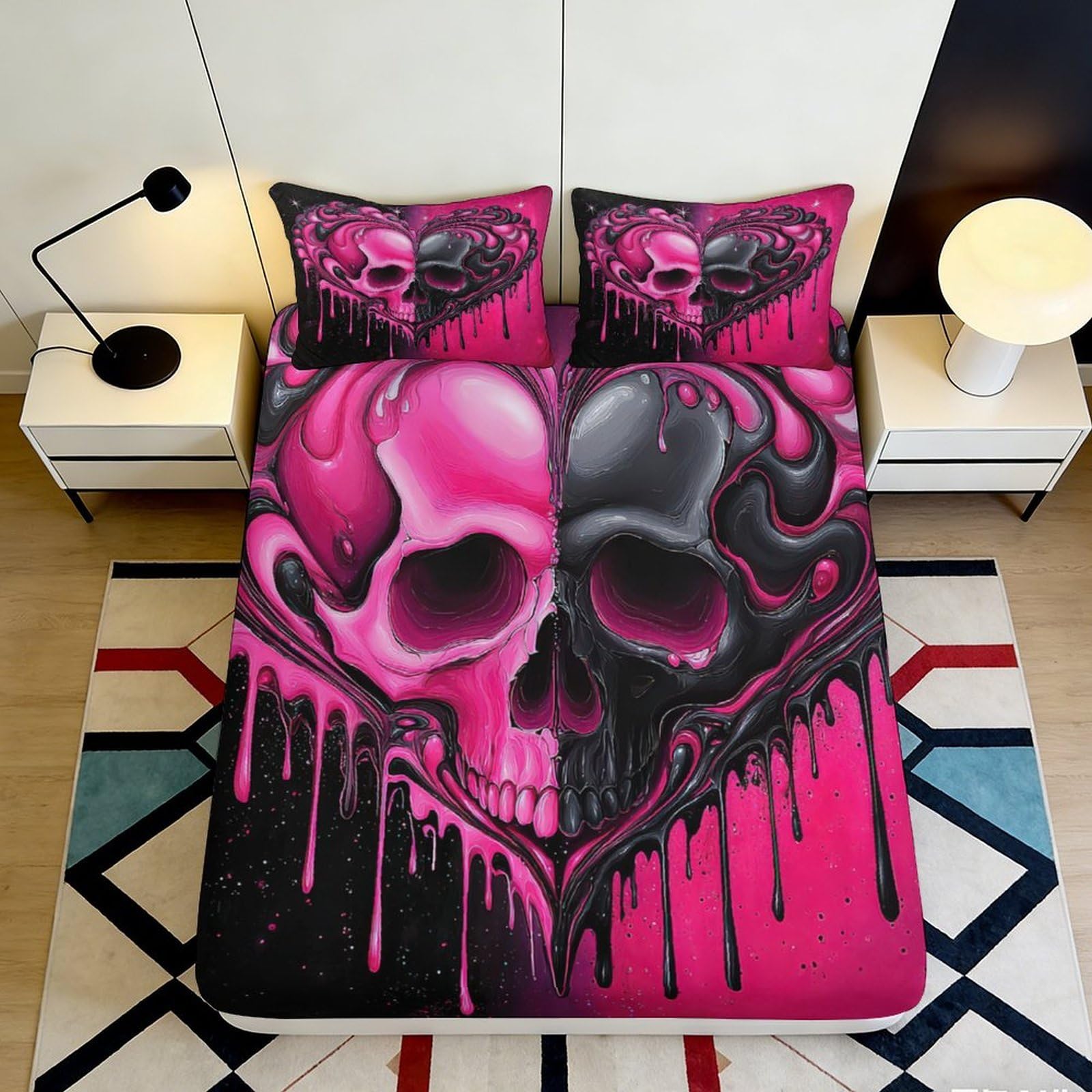 3D Printed Graffiti Skull Fitted Sheet Microfiber Deep Pocket Non-Slip Bedroom Bedding Graffiti Skull Mattress Fitted Cover Full Wrap Washable 200x200x25cm 90x200x25cm