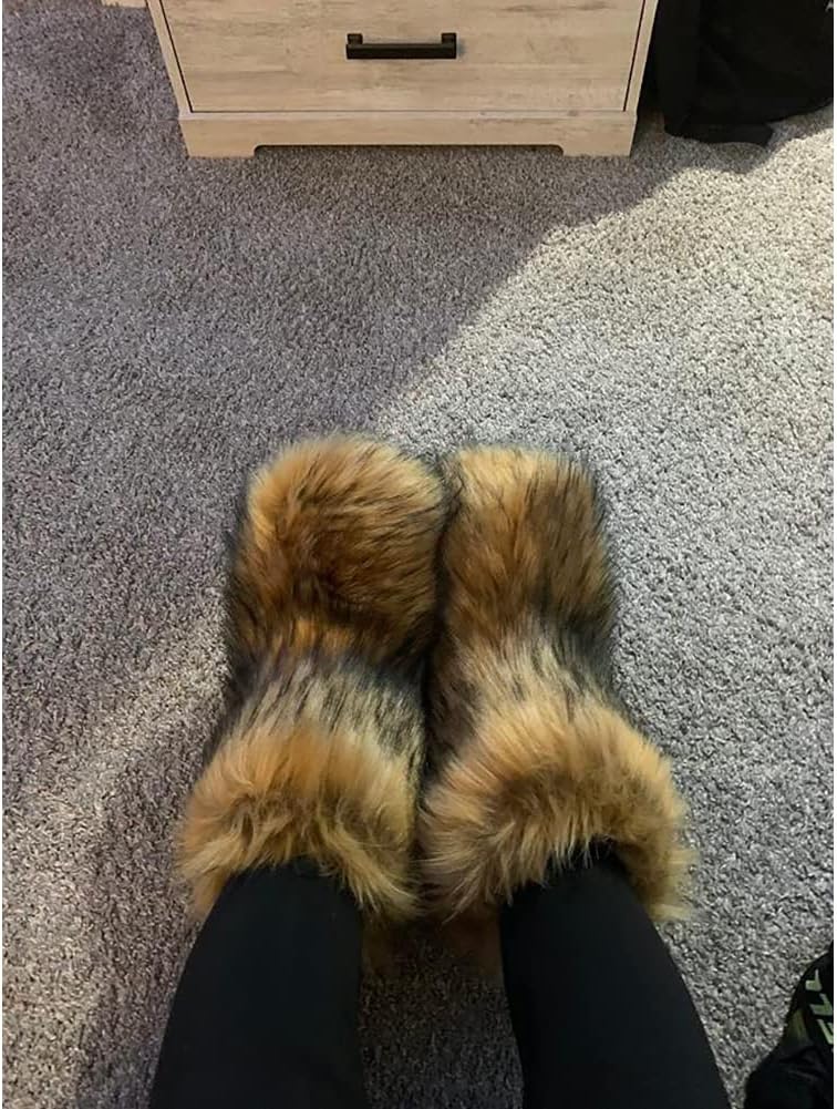 Eosxrp Furry Faux Fur Boots Women's Winter Shoes Woman Fluffy Warm Snow Boots Mid-Calf Comfortable Outdoor Flat