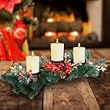 MorTime Christmas Centerpiece with 3 Candle Holders, Xmas Tabletop Decor with Red Berries Pine Cones with Steel Base for Indoor Home Table Christmas Decoration