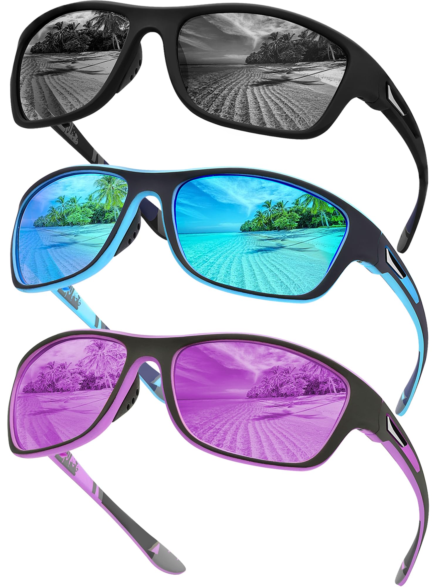 Tskestvy3 Pairs Men’s Polarized Sport Wrap Around Sunglasses UV Protection Shades for Running Fishing Biking Cycling Driving