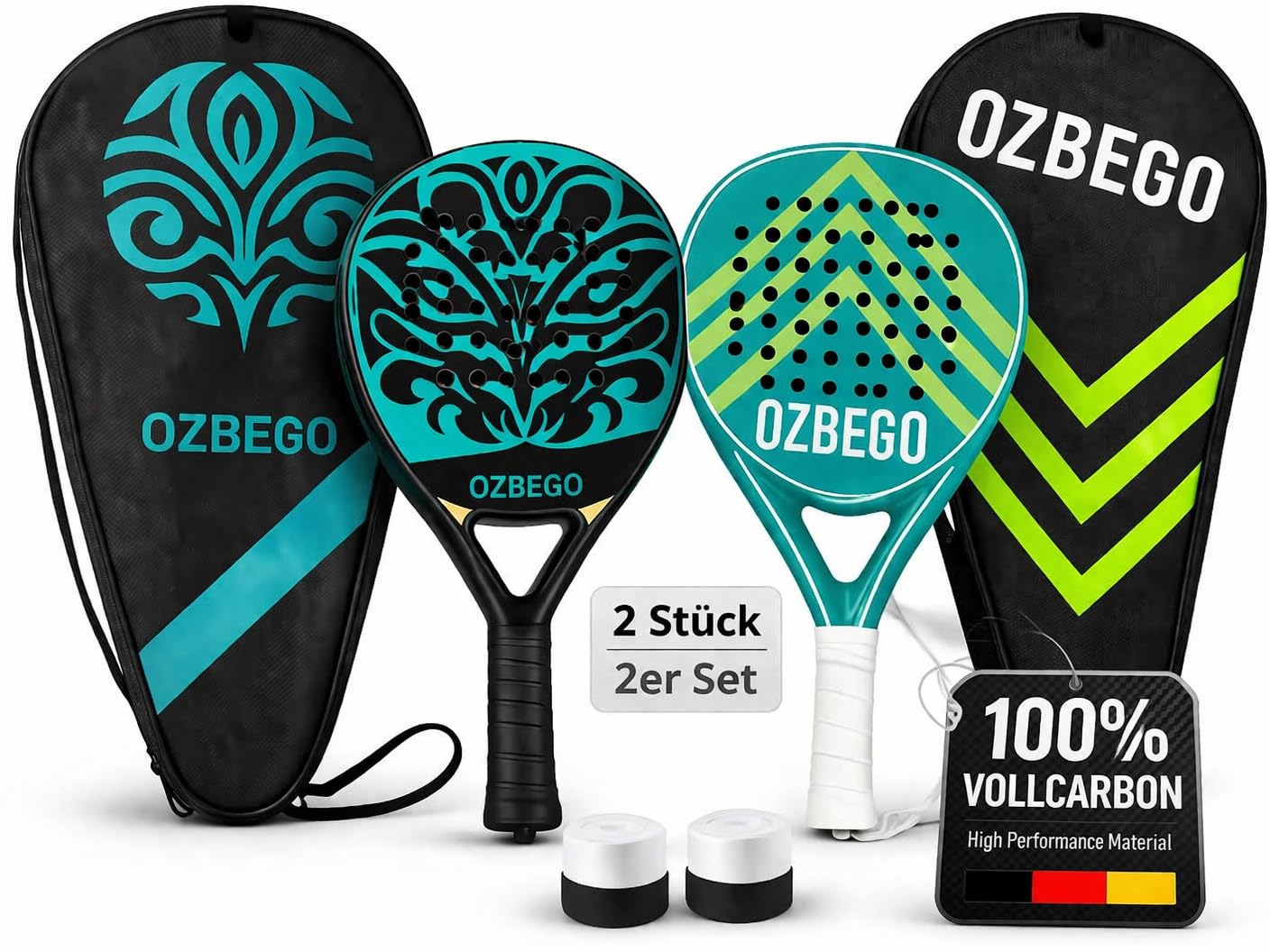 Set 2 Racchette da Padel in Fibra di Carbonio – Nero & Verde – Con Borsa, Overgrip e Accessori – Per Principianti e Avanzati