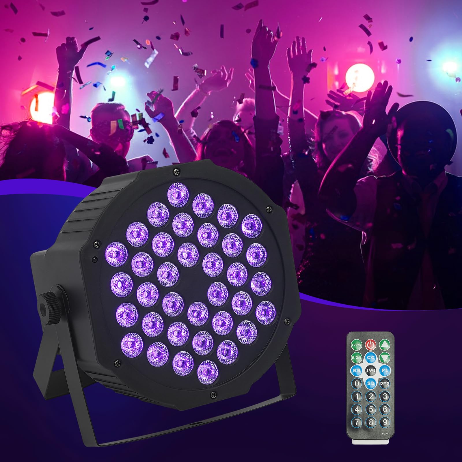 Lampa sceniczna LED, 36 diod UV, oświetlenie sceniczne, z pilotem zdalnego sterowania, kolor czarny, tworzywo sztuczne/żelazo/aluminium, 17,7 x 10 cm, DMX, pilot zdalnego sterowania, do DJ/klubu/na