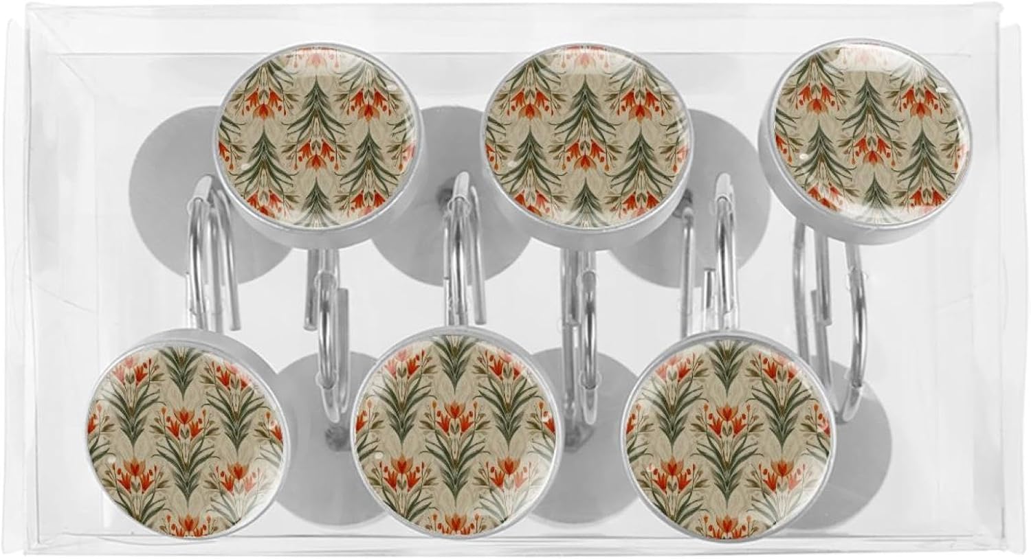 Art Deco Tropical Floral Round Crystal Glass Decorative Shower Curtain Hooks with 3D Pattern Visual, Rust Proof Shower Curtain Rings-12 Pack