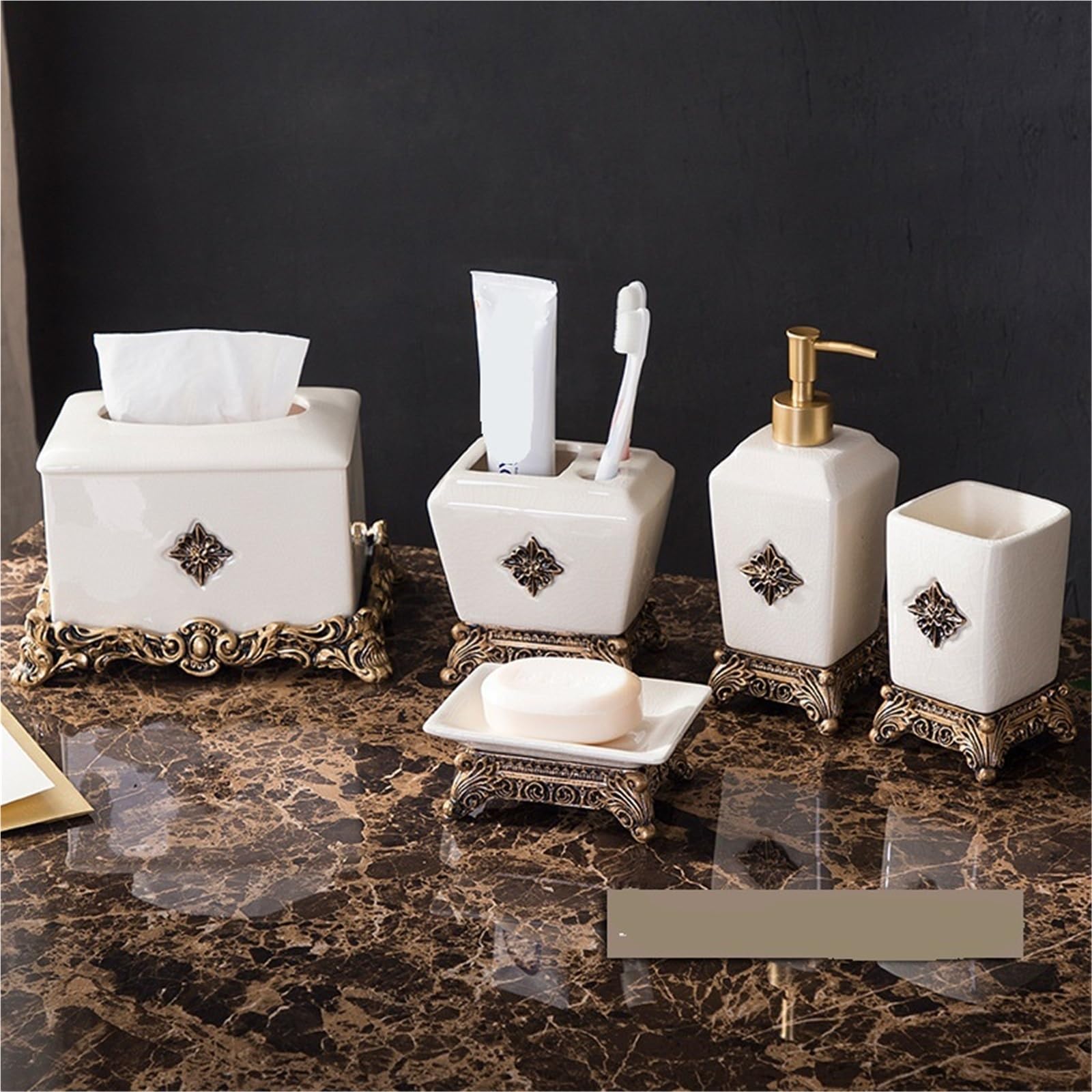 Berührungsloser Seifenspender zur Wandmontage, Seifenspender-Badezimmerset, Badezimmerzubehör, Seifenspender, Seifenschale und Zahnbürstenhalter, Retro-Luxus-Stil(Soap Dish 1)