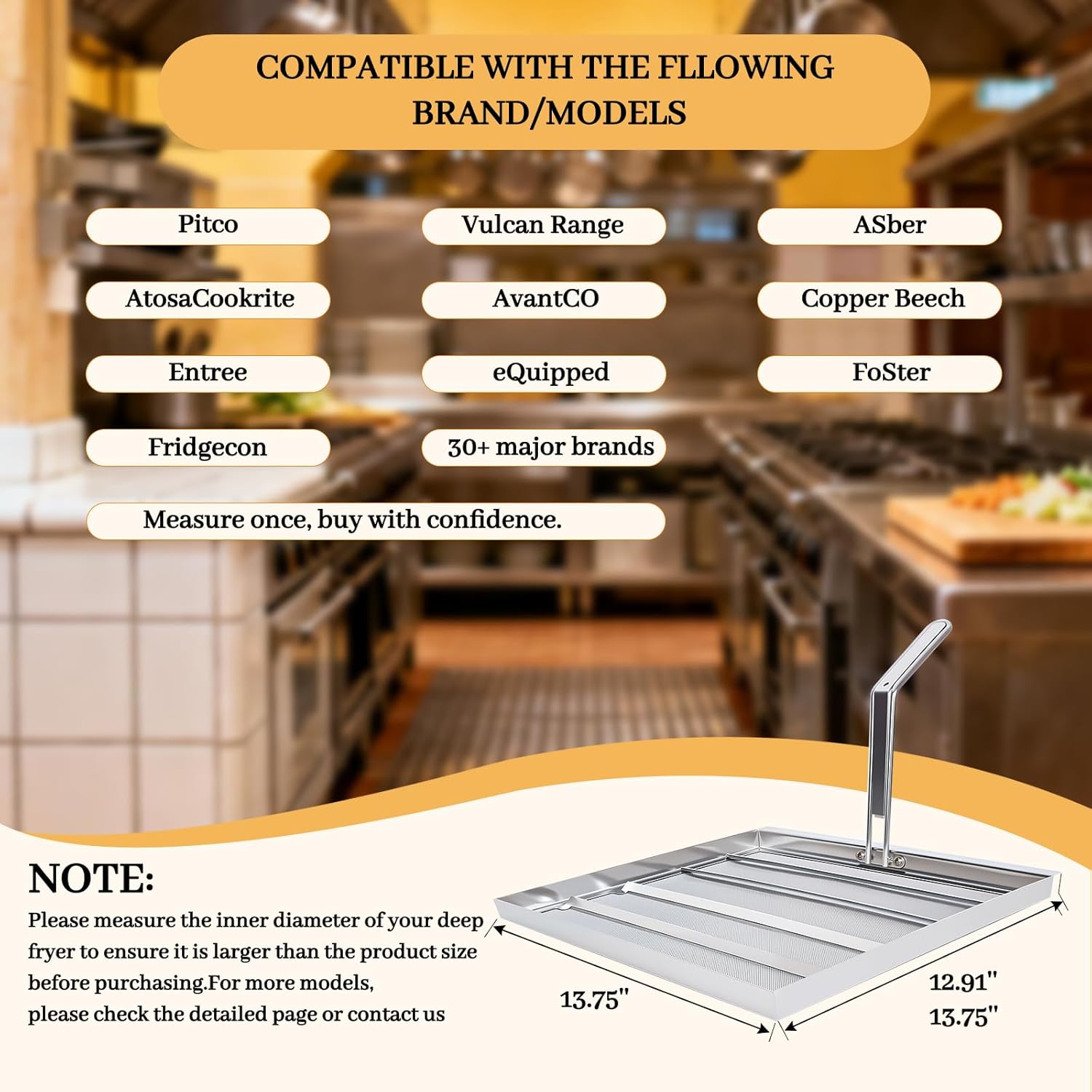 Replacement AF45/TK45 Deep Fryer Filter Screen - Straight Edge 13.75x13.75 Inch - 304 Stainless Steel 550 Micron Mesh - Extends Oil Life 40% - Fits Pitco, Avantco, American Range Fryers-10-YR Warranty
