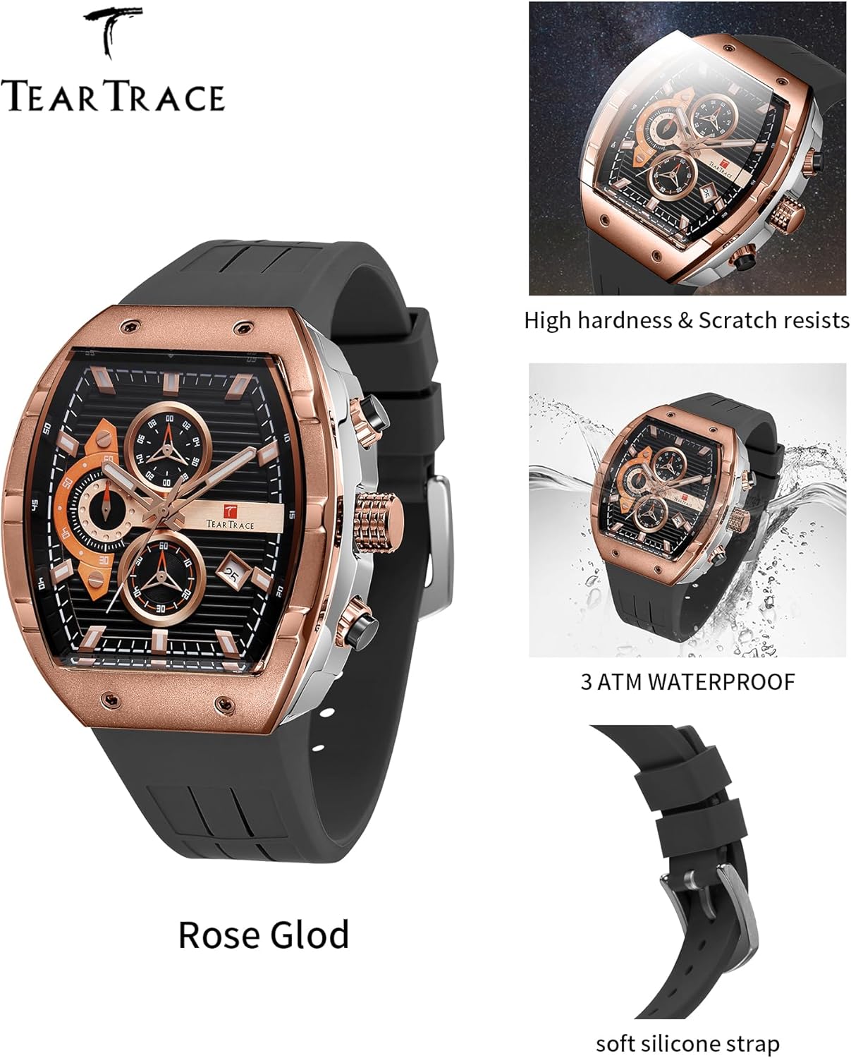 Watches for Men Analog Quartz Waterproof Sport Men’s Watch Tonneau Chronograph Luminous Fashionable Unique Casual Watch with Silicone Strap - Image 7