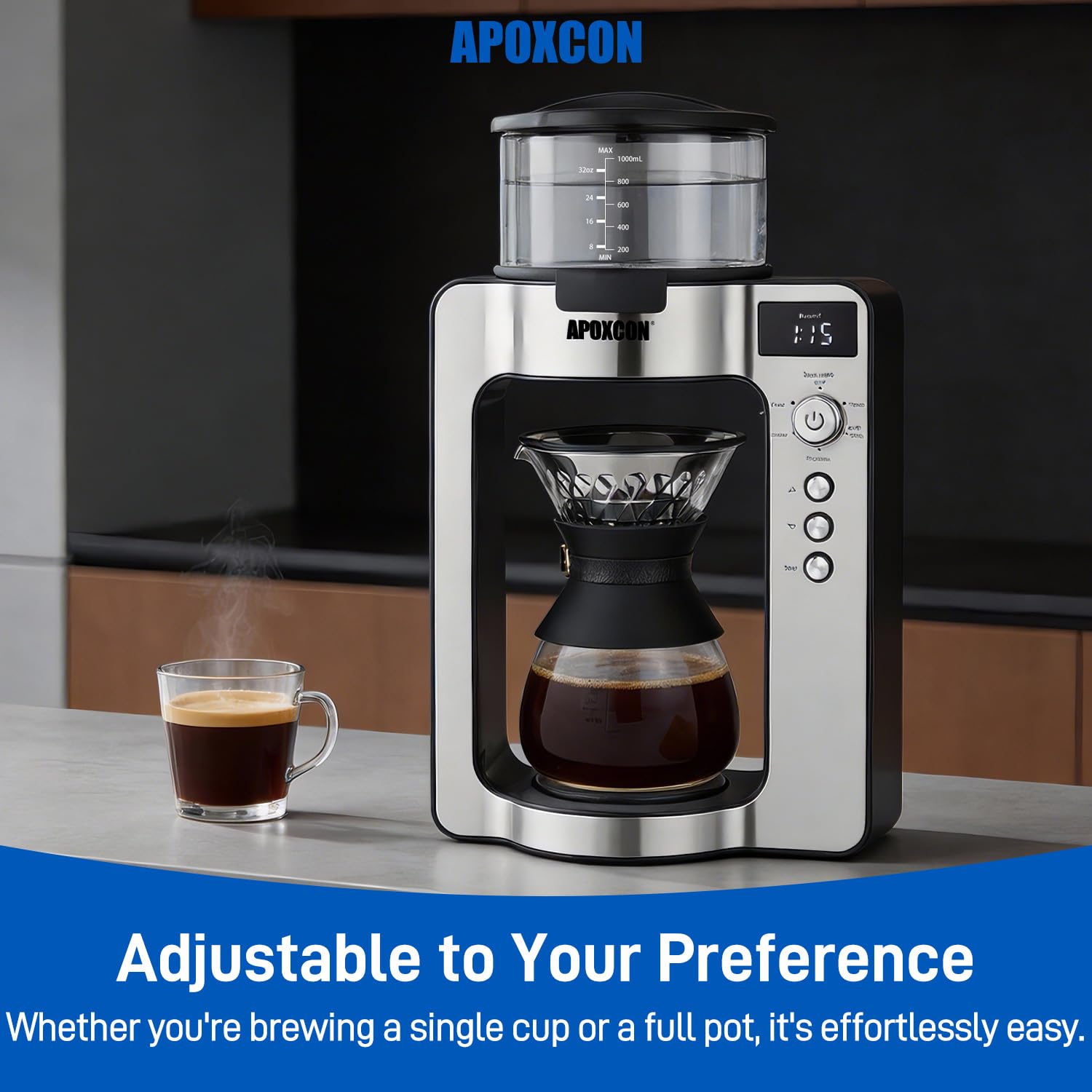 APOXCON Automatic Drip Coffee Maker for Coffee Enthusiasts -Pour Over Coffee Brewer with Programmable Timer, Hand Drip Simulation, Adjustable Strength, Built-in Scale, Glass Water Tank & Carafe