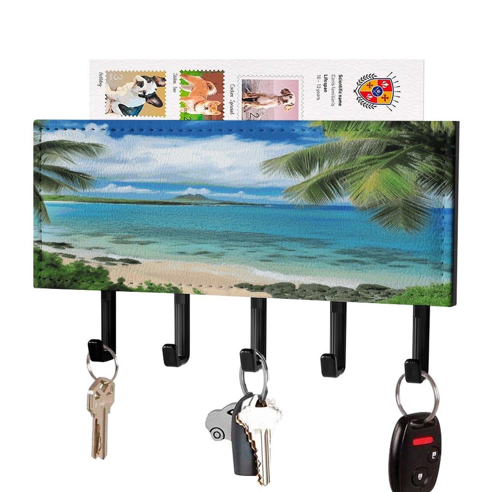 LDGSUPH Tropical Palm Tree Hawaii Beach Key Holder Wall Mount Key Hanger with 5 Hooks Fashion Key Organizer Rack Hanging Key Hooks with Mail Organizer Key Rack for Home Entryway Hallway Black-Style