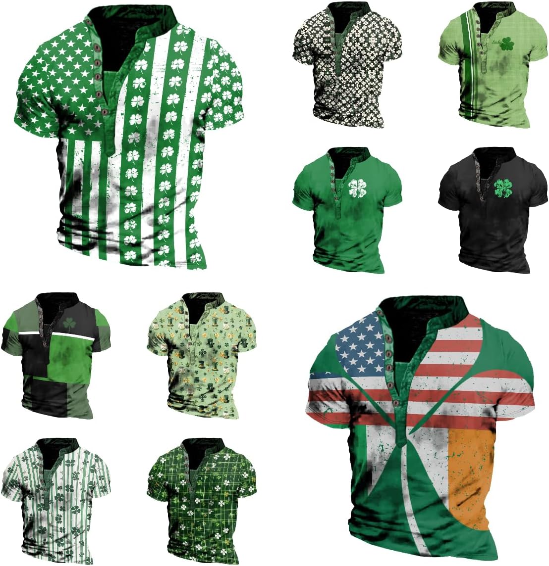 St Patricks Day Shirt Men Clover Print Henley Short Sleeve Pullover Half Button Casual Gym Workout Slim Fit Tshirt - Image 5