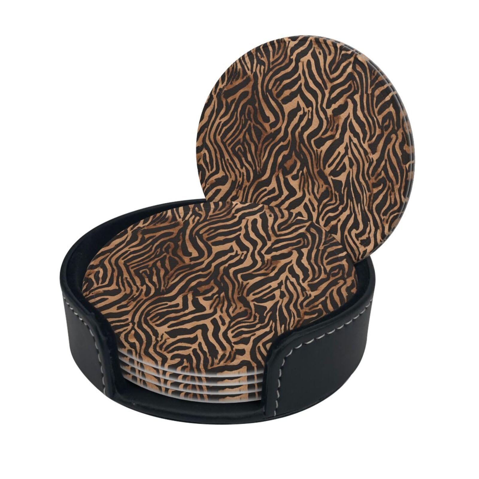 Leopard Print Print Coaster,Round Leather Coasters with Storage Box for Wine Mugs,Cold Drinks and Cups Tabletop Protection (6 Piece)